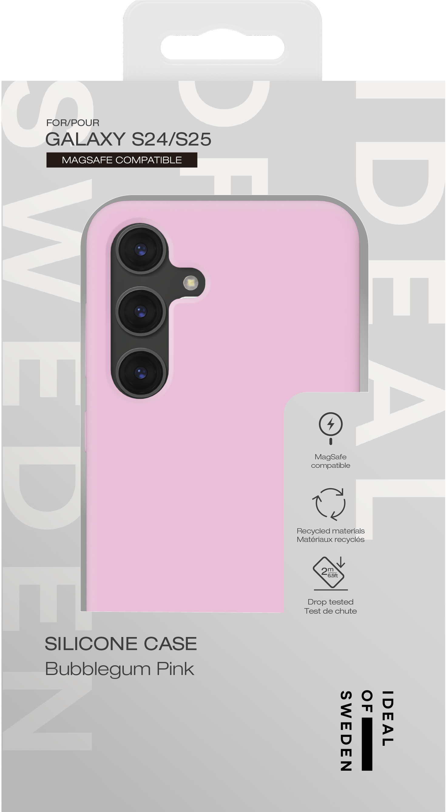 Rosa Silikon-Handyhülle für Galaxy S24/S25 in der Originalverpackung mit MagSafe-Symbolen.