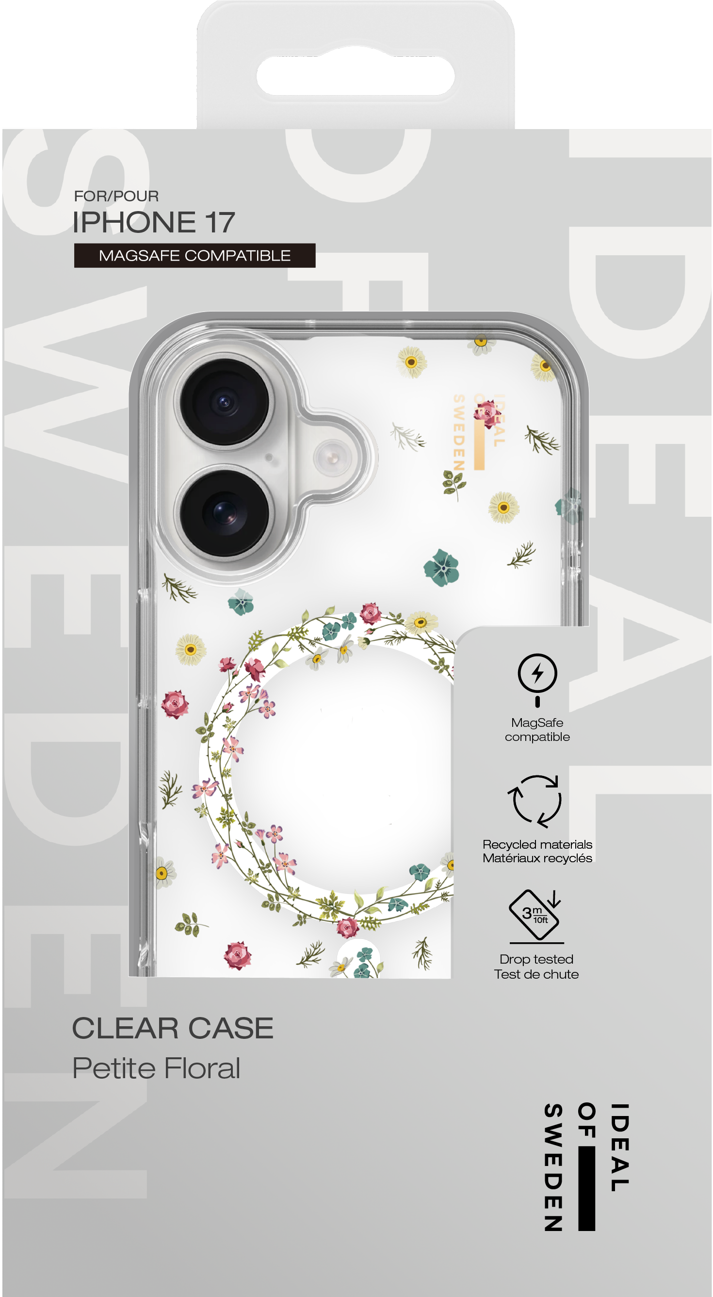 Transparente Handyhülle mit Blumenmuster in Verpackung für iPhone 17.