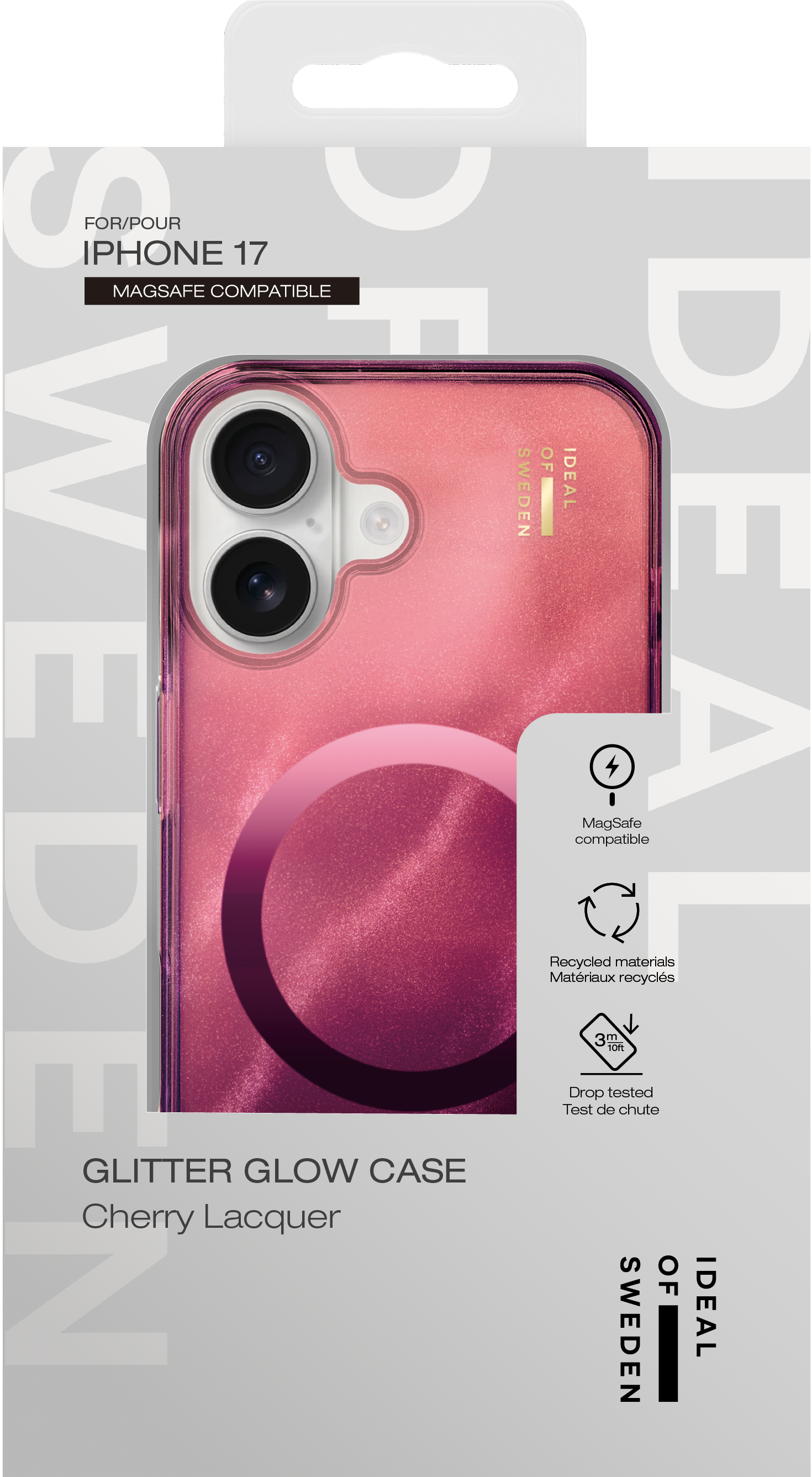 Glitzernde rosa-rote Kirsch-Lack-iPhone-17-Hülle in Verpackung mit Marken- und Funktionsetiketten.