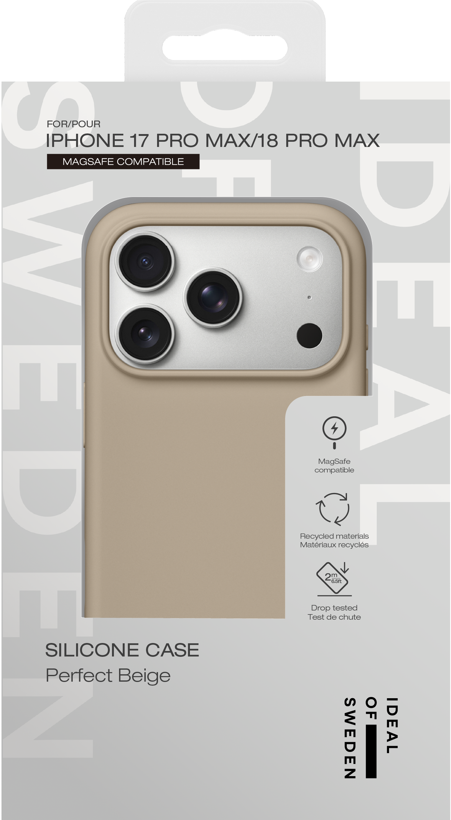 Beige Silikon-Handyhülle in Verpackung für iPhone 17 und 18 Pro Max mit MagSafe- und Falltest-Symbolen.