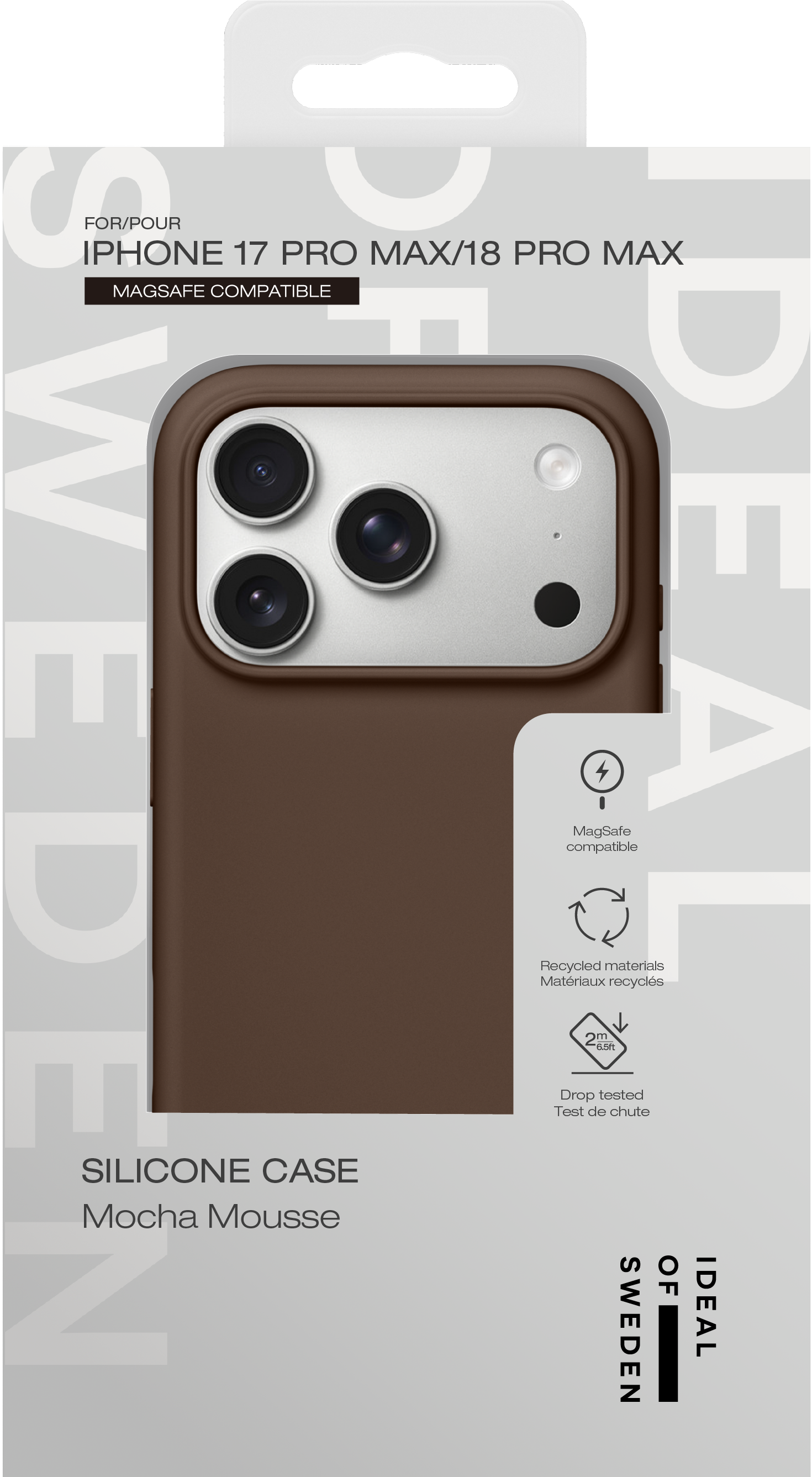 Eine braune Mocha Mousse Silikonhülle für iPhone in Verpackung.