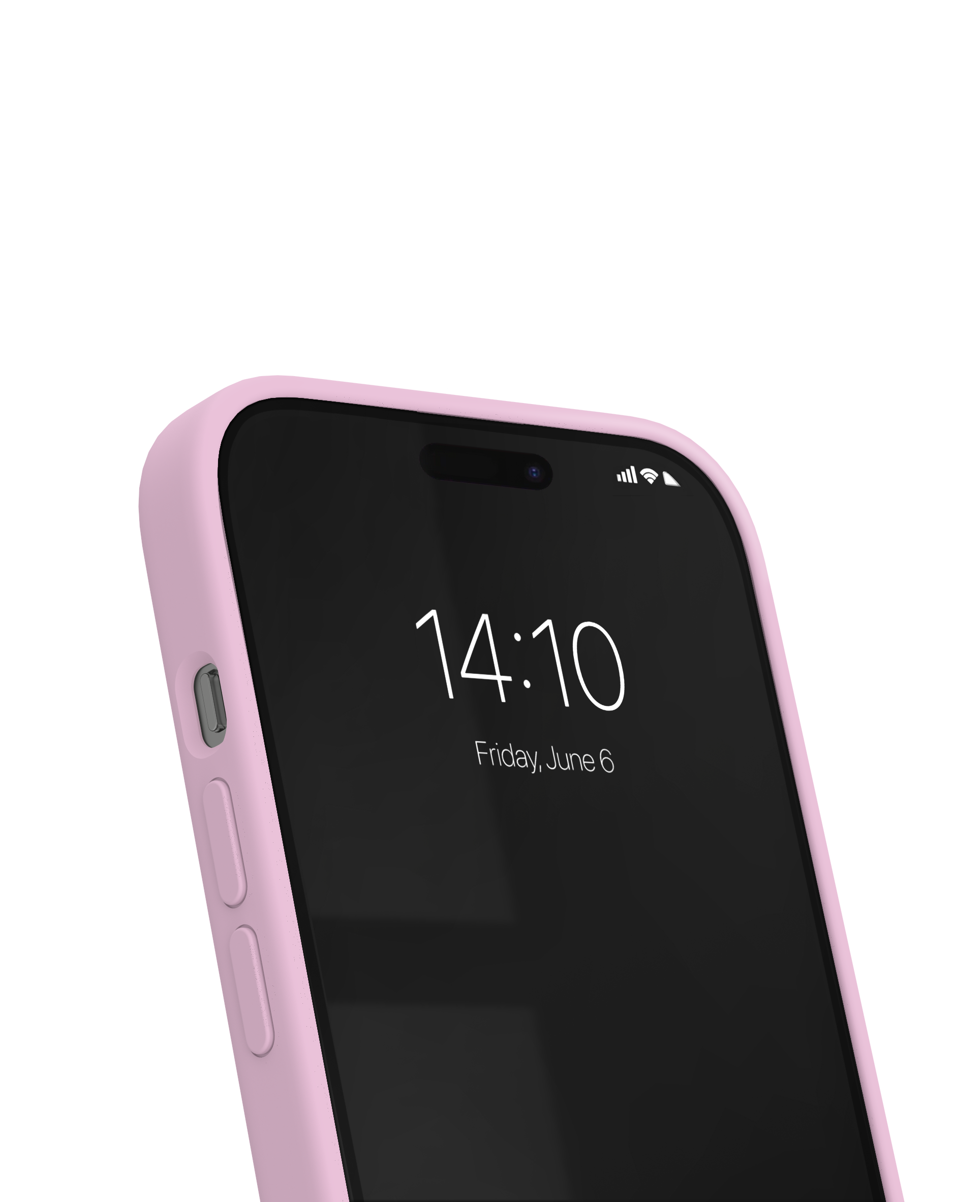 Ein rosafarbenes Smartphone mit schwarzem Display zeigt 14:10 Uhr und Freitag, 6. Juni gegen einen schwarzen Hintergrund.