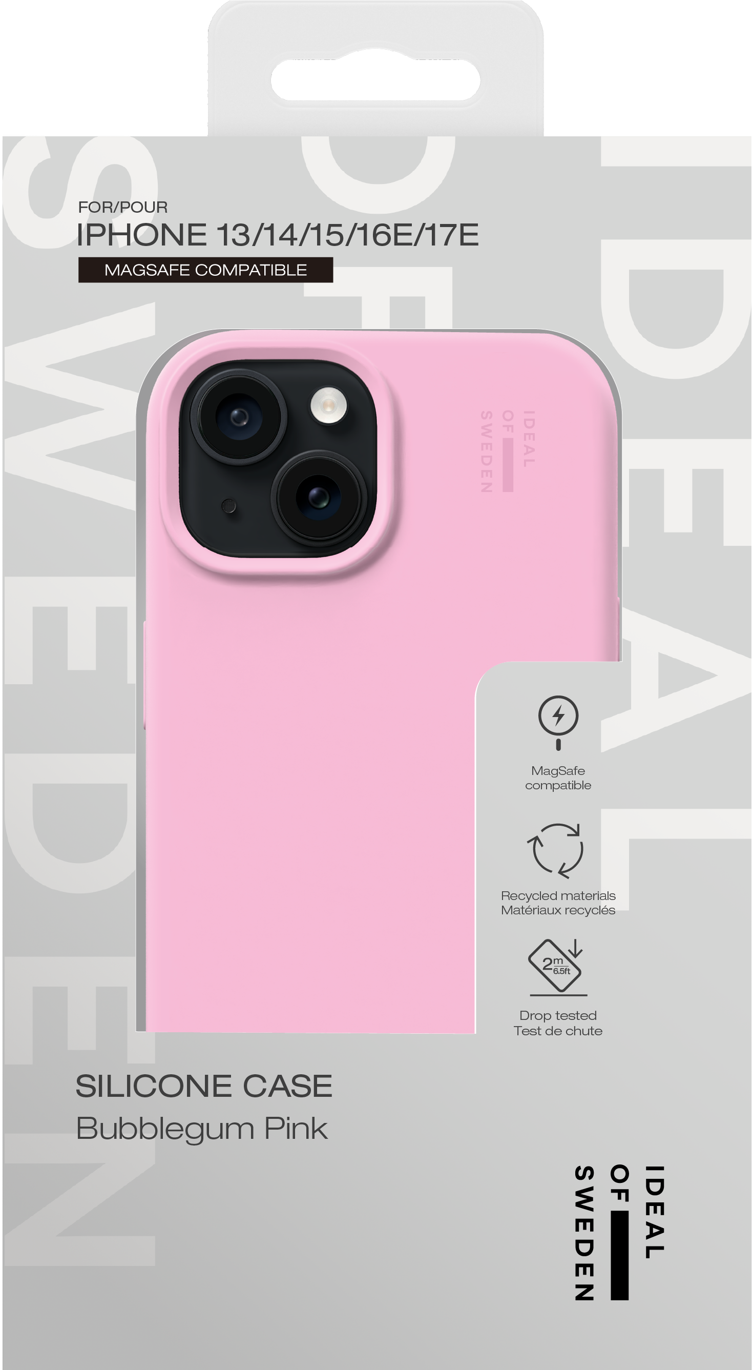 Eine rosafarbene Silikon-iPhone-Hülle in der Originalverpackung vor grauem Hintergrund.