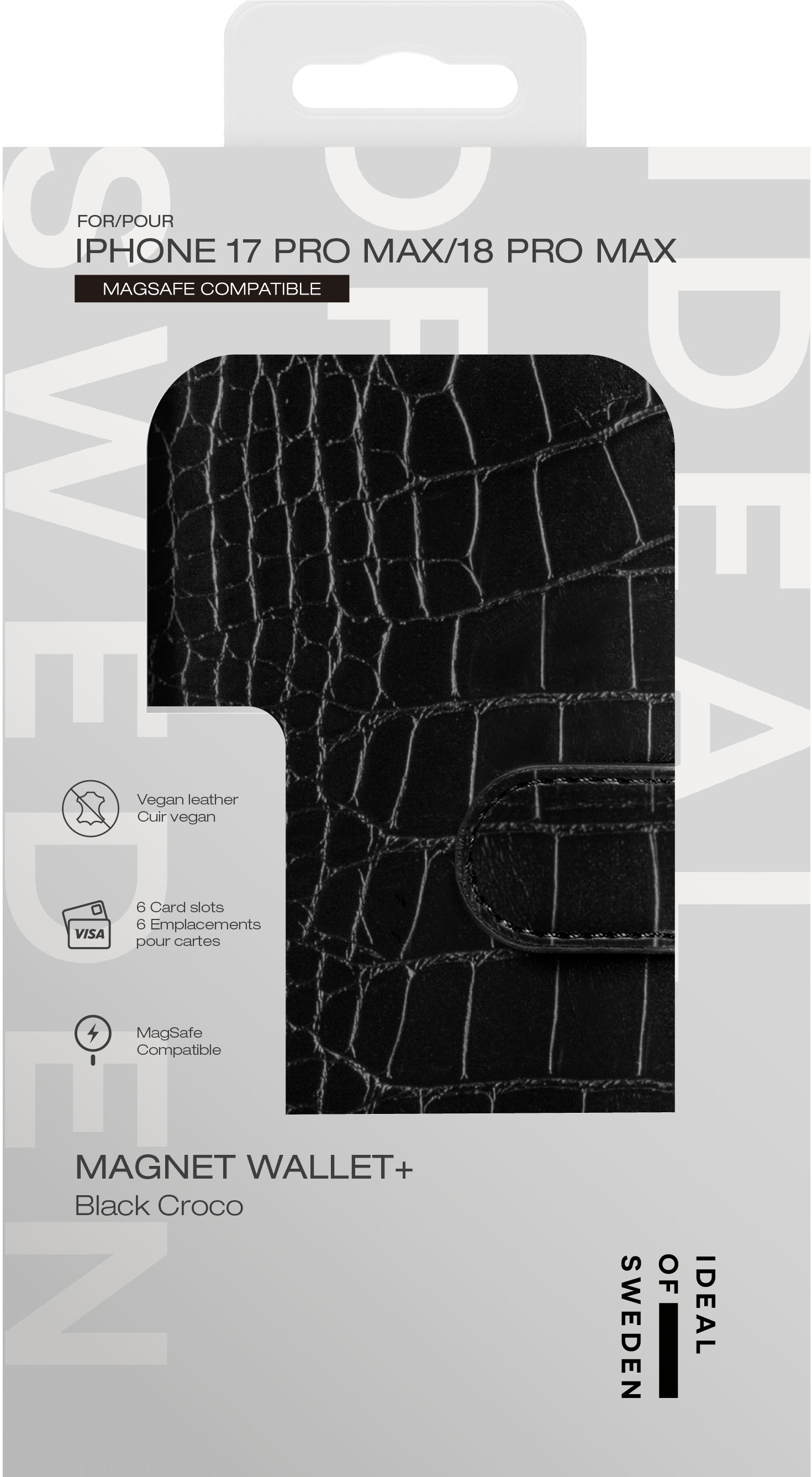 Verpackung für ein schwarzes Kroko-Leder-Handytui mit Magnetverschluss.