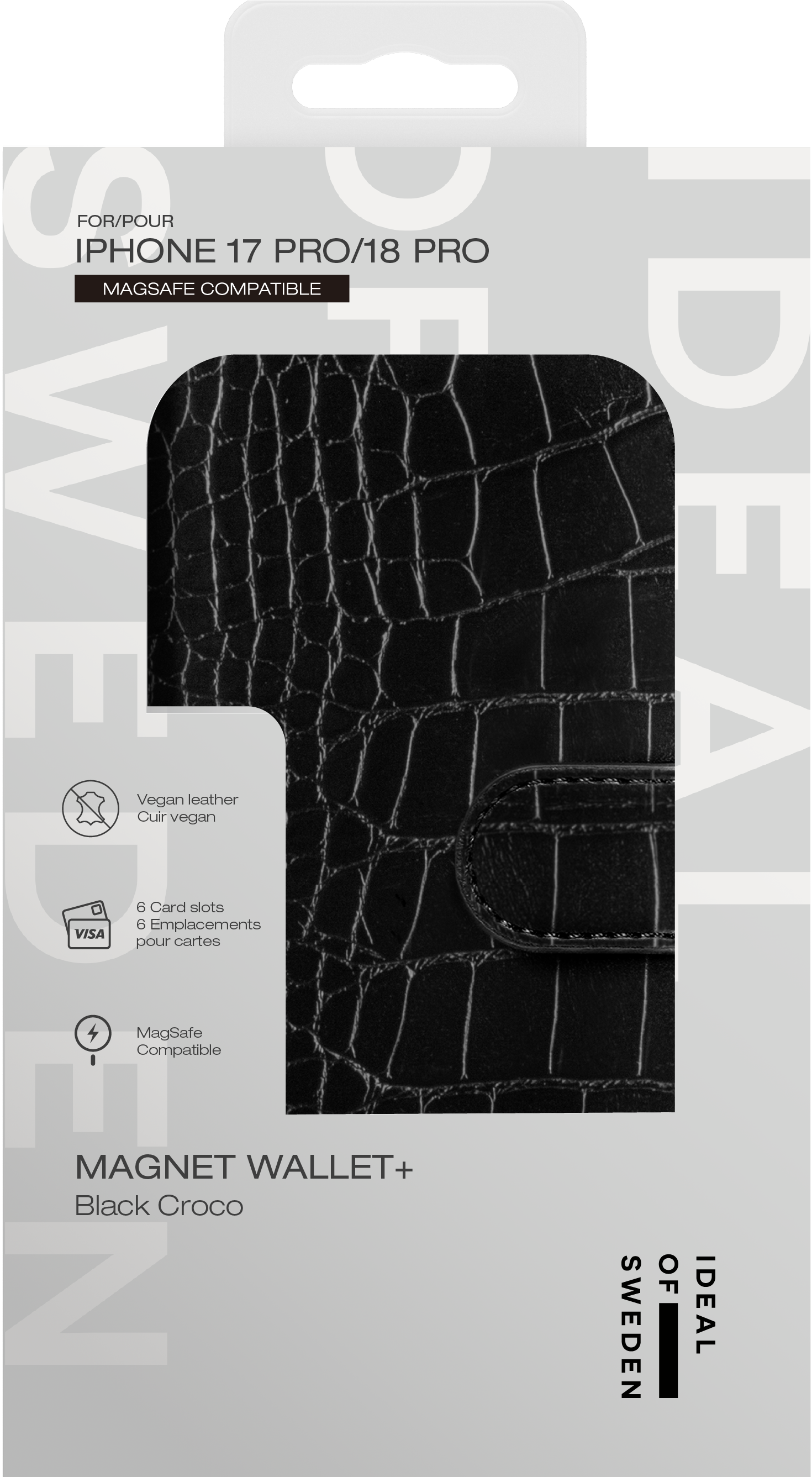 Verpackung für eine schwarze MagSafe-Leder-Handytasche mit Krokomuster für das iPhone.