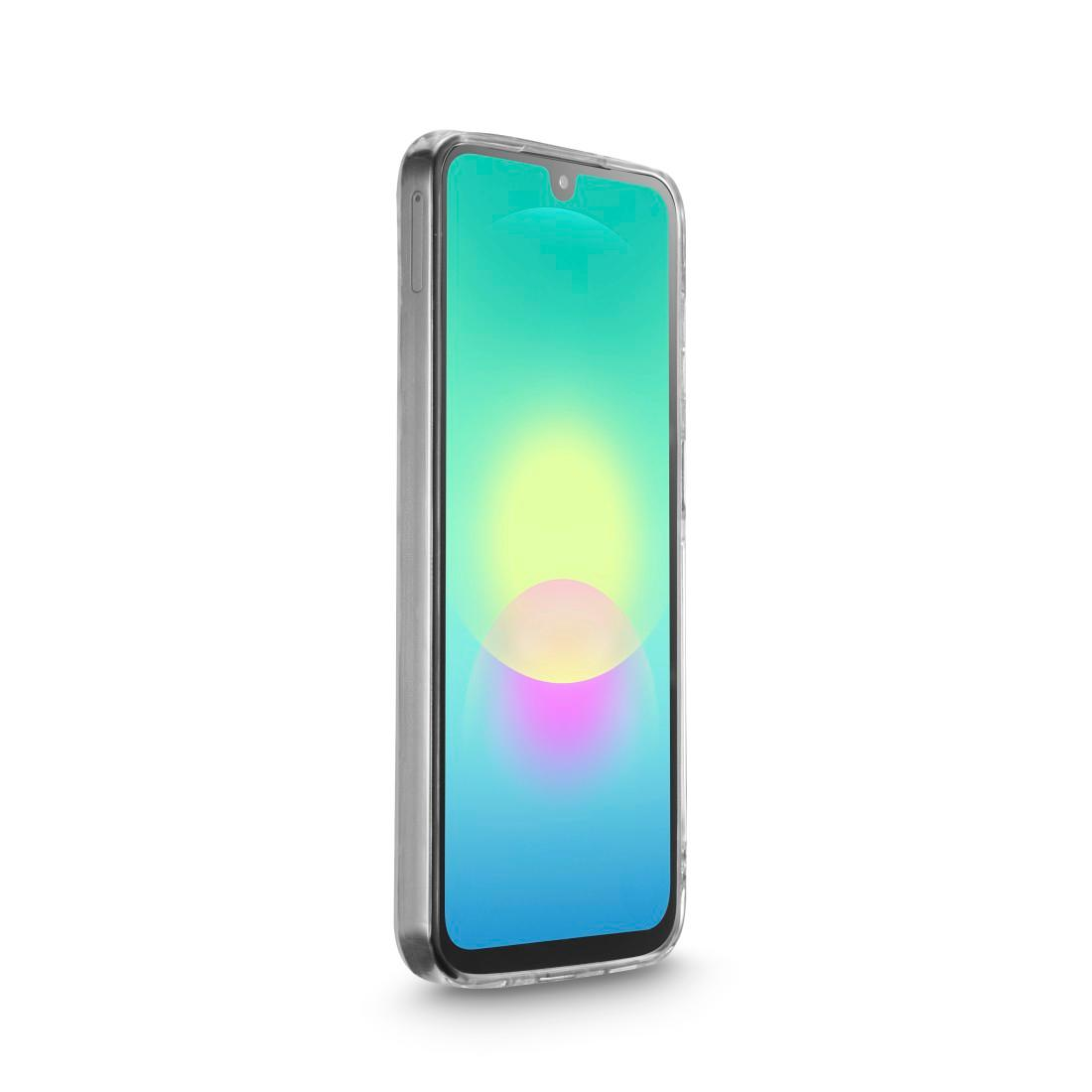 Ein Smartphone in einer transparenten Hülle zeigt ein buntes Farbverlauf-Hintergrundbild.