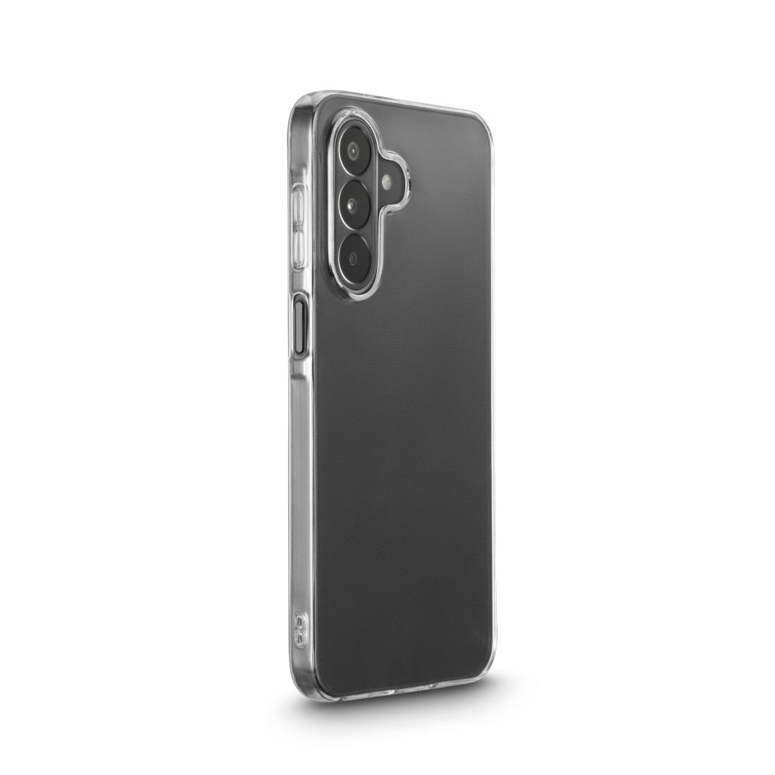 Ein Smartphone in einer transparenten Schutzhülle, von hinten vor weißem Hintergrund.