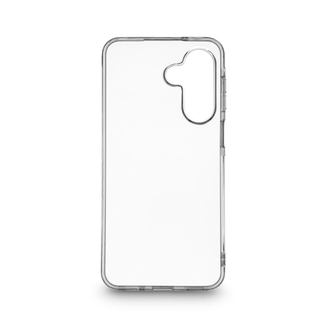 Eine transparente Silikon-Smartphone-Hülle mit einem Ausschnitt für eine Dreifach-Kamera auf weißem Hintergrund.