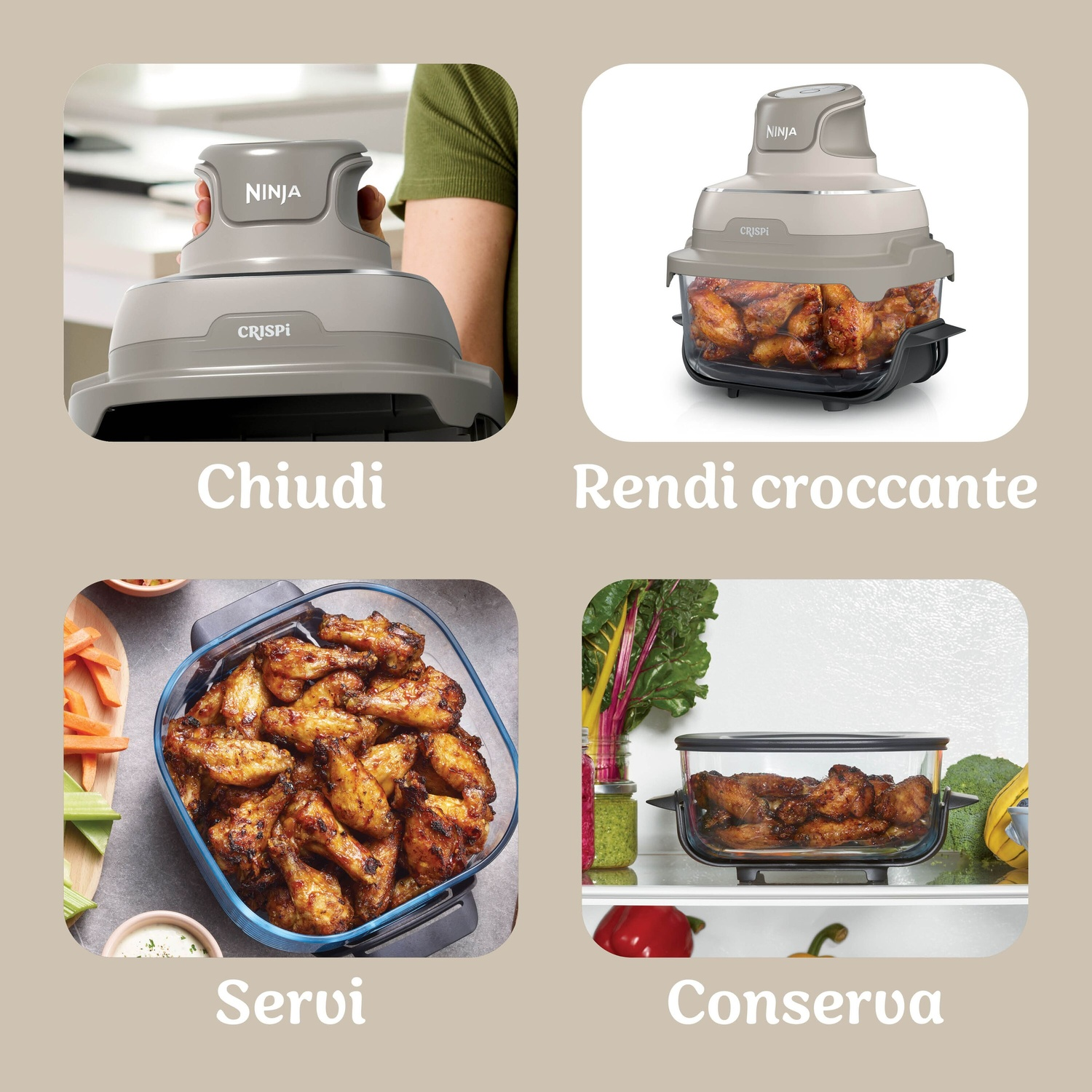 Quattro pannelli mostrano chiusura, doratura, servizio e conservazione con un apparecchio Ninja.