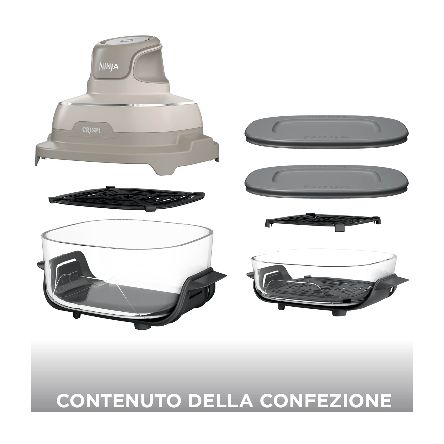 Dispositivo Ninja Crispi con due contenitori in vetro, griglie e coperchi su sfondo bianco.