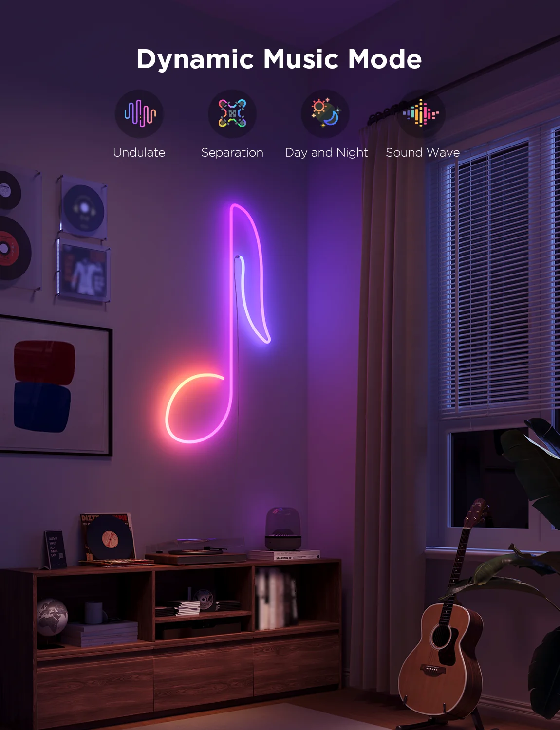 Eine leuchtende Neon-Musiknote an einer lila Wand, oben Symbole für den dynamischen Musikmodus, unten eine Gitarre.