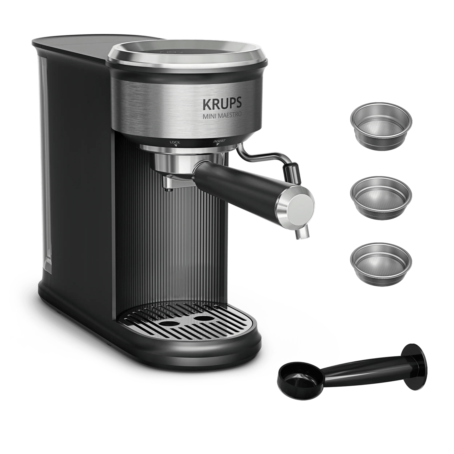 Eine schwarz-silberne Krups Mini Maestro Espressomaschine mit drei Filterkörben und einem Tamper rechts.