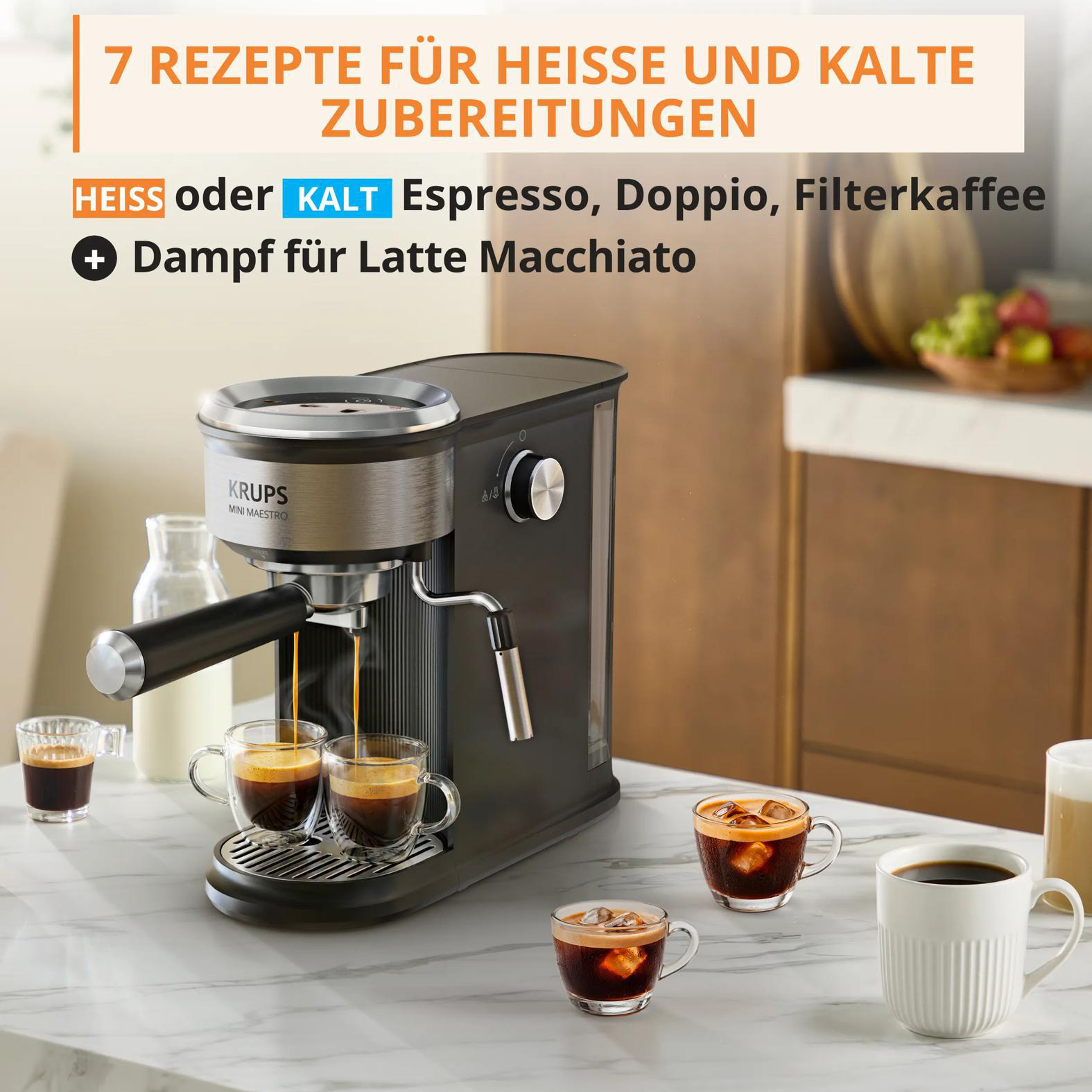 Krups Kaffeemaschine auf Marmortisch mit gefüllten Tassen und Textüberlagerung.