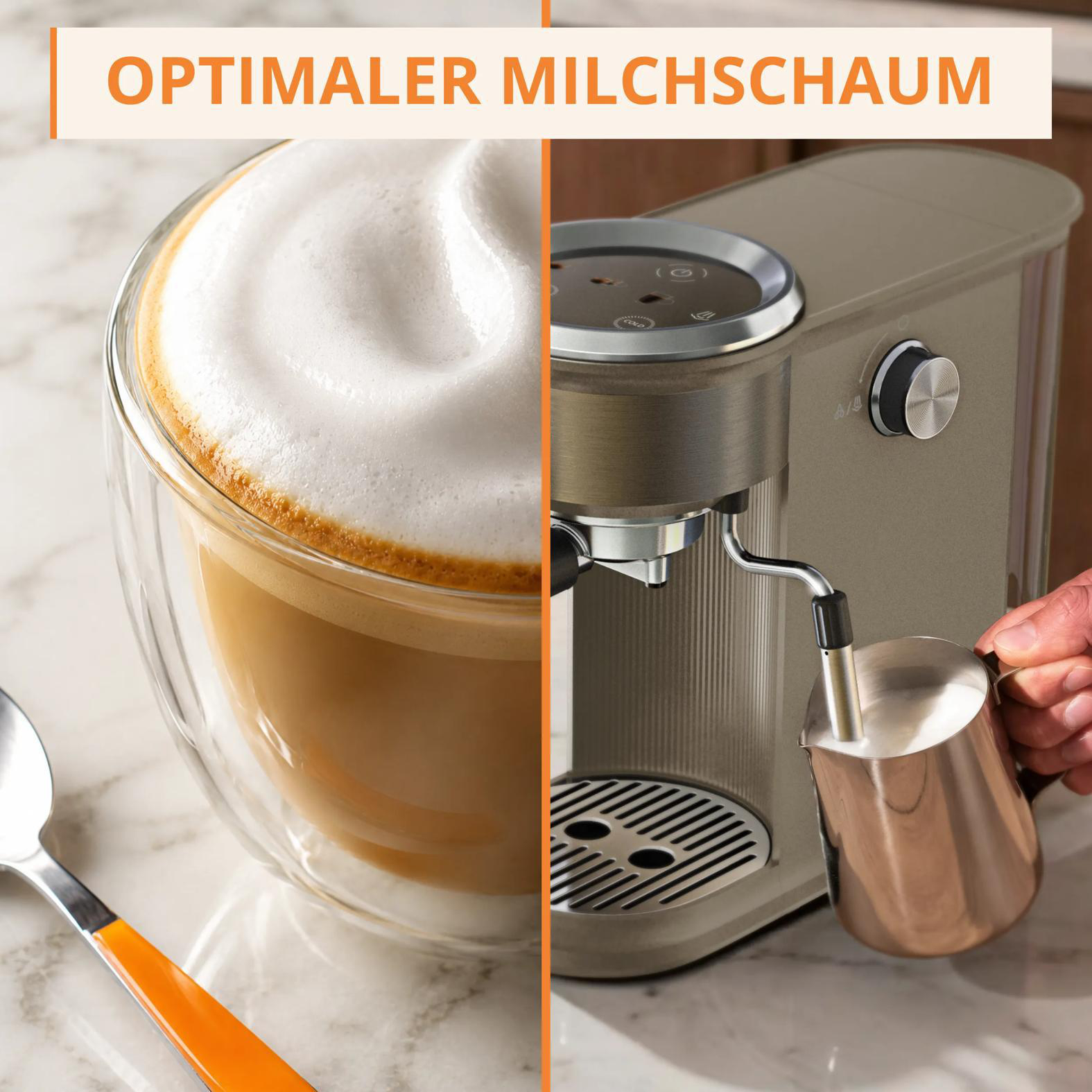 Eine Kaffeemaschine schäumt Milch in einem Kännchen, daneben eine Tasse mit perfektem Milchschaum.