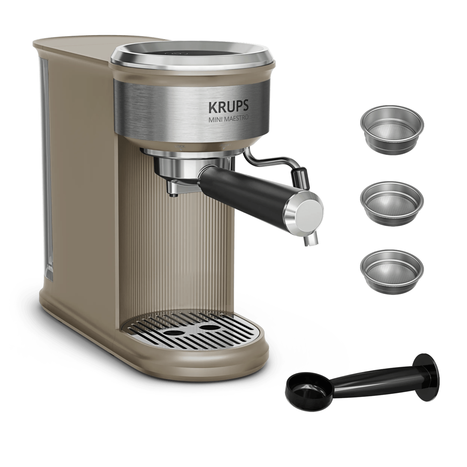 Beige und silberne Krups Mini Maestro Espressomaschine mit Zubehörteilen auf schwarzem Hintergrund.