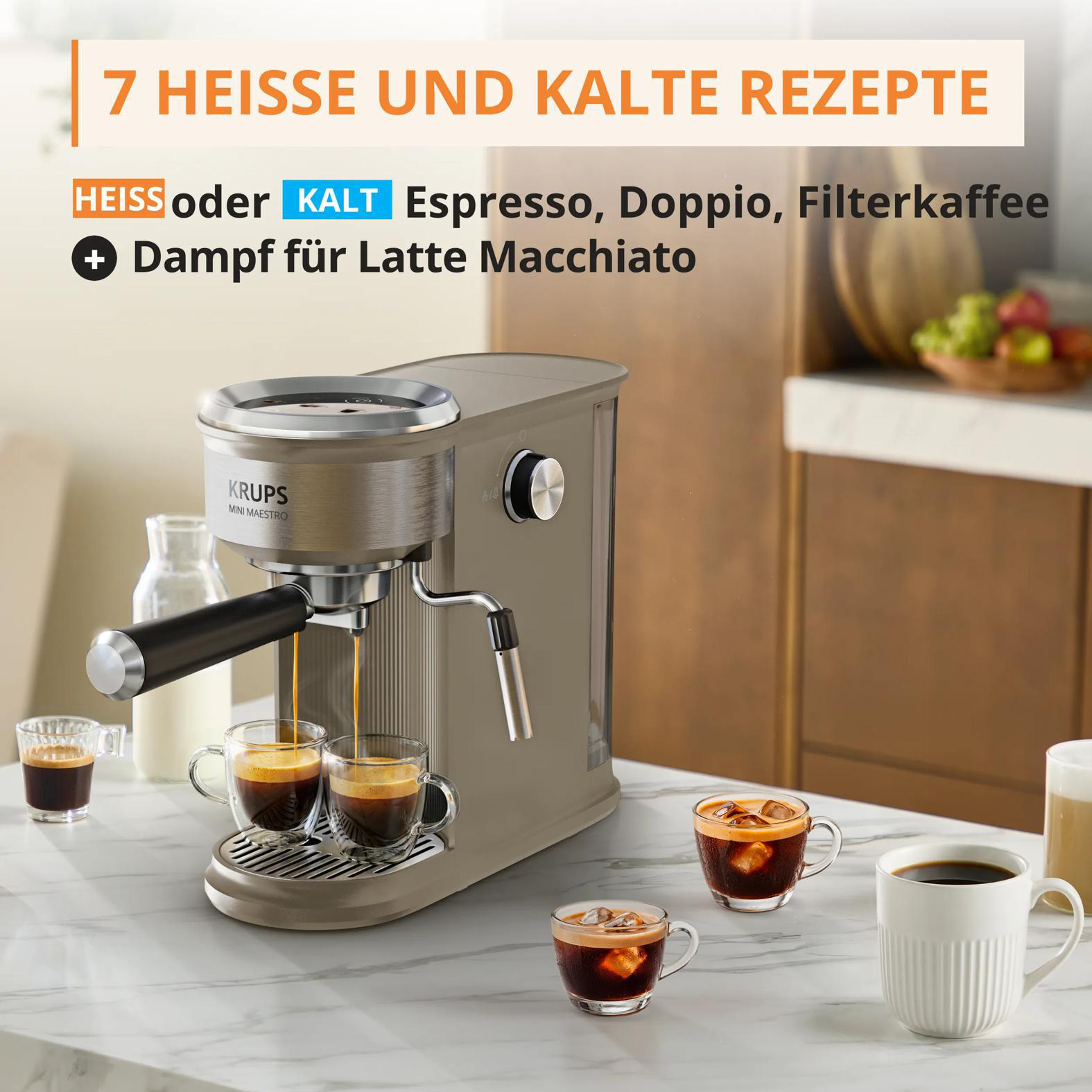 Eine Kaffeemaschine auf einer Küchenarbeitsplatte füllt Tassen mit Espresso, umgeben von Kaffeetassen.