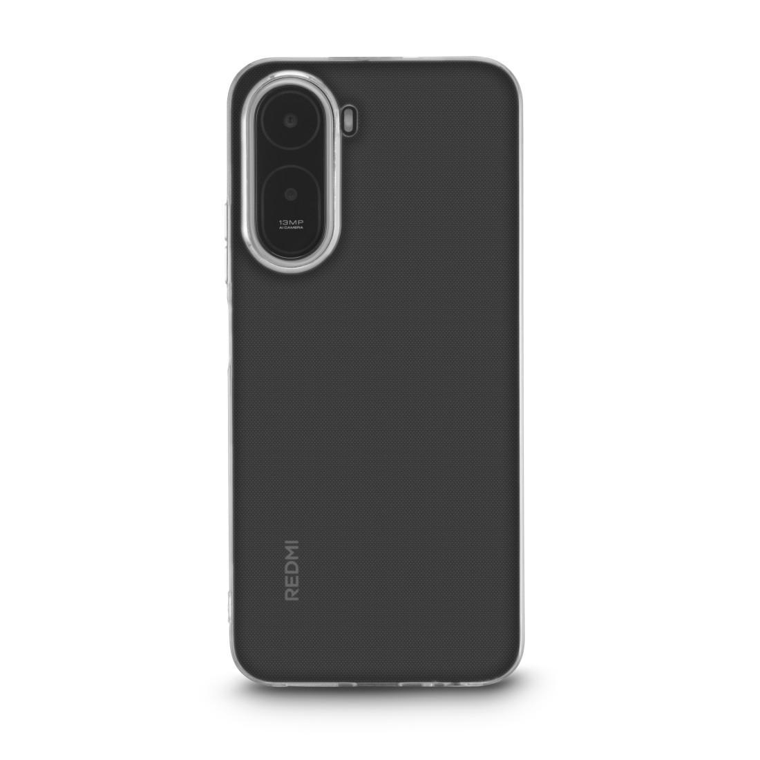Ein schwarzes Smartphone in einer klaren Hülle mit vertikaler Dual-Kamera und Redmi-Logo.
