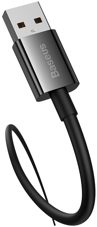 Egy fekete Baseus USB kábel ezüst csatlakozóval fehér háttéren.