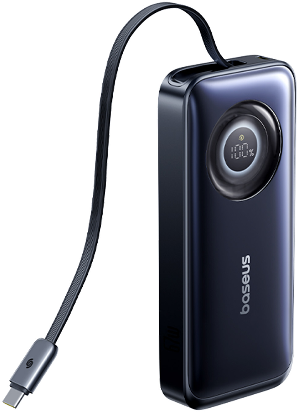 Egy fényes, sötét Baseus power bank digitális százalékos kijelzővel és beépített töltőkábellel.