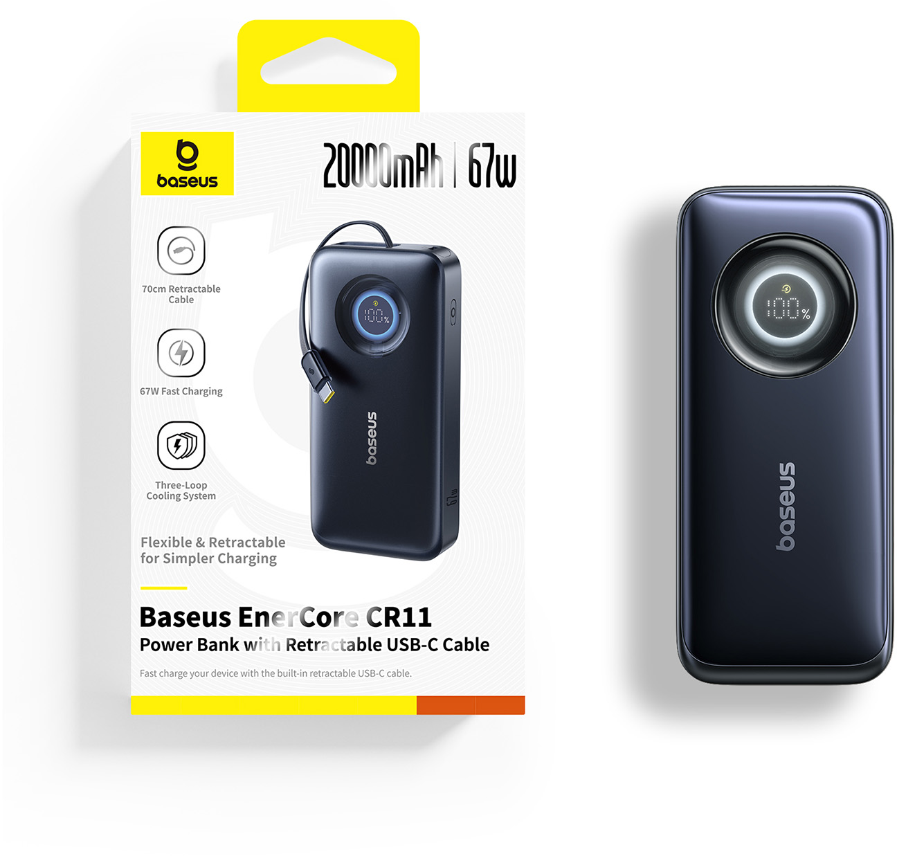 Baseus EnerCore CR11 külső akkumulátor beépített, visszahúzható USB-C kábellel és digitális kijelzővel.