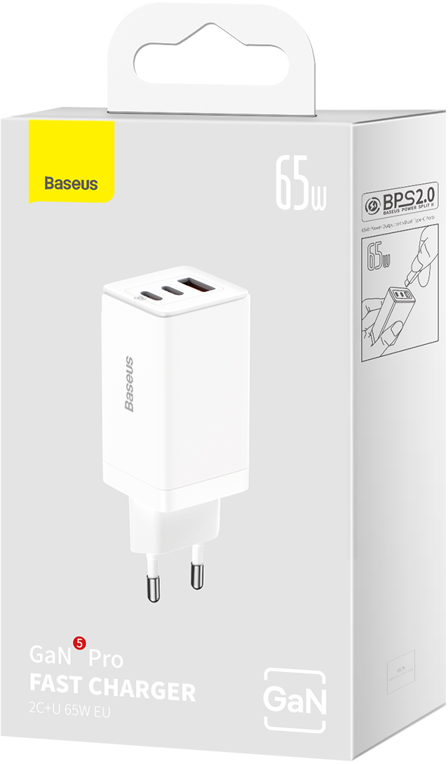 Fehér Baseus GaN Pro 65W gyorstöltő csomagolás a töltő képével.