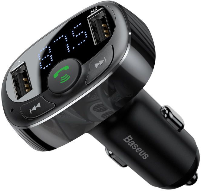 Fekete autó FM transzmitter két USB porttal, digitális kijelzővel és hívás gombbal.