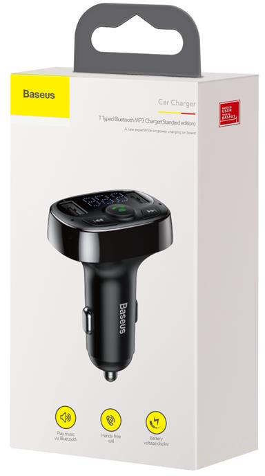 Egy fekete Baseus autós töltő csomagolása digitális kijelzővel, USB-portokkal és gombokkal.