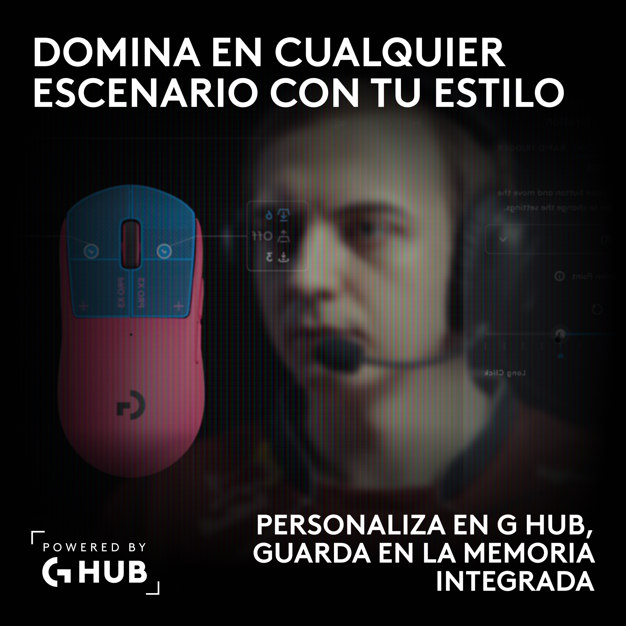 Ratón de juego rosa y azul contra el rostro borroso de un jugador.