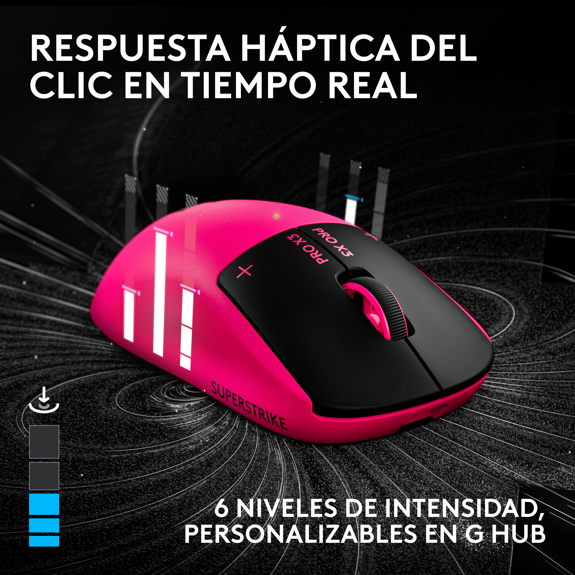 Un ratón gaming rosa y negro con respuesta háptica sobre un fondo oscuro con líneas onduladas.