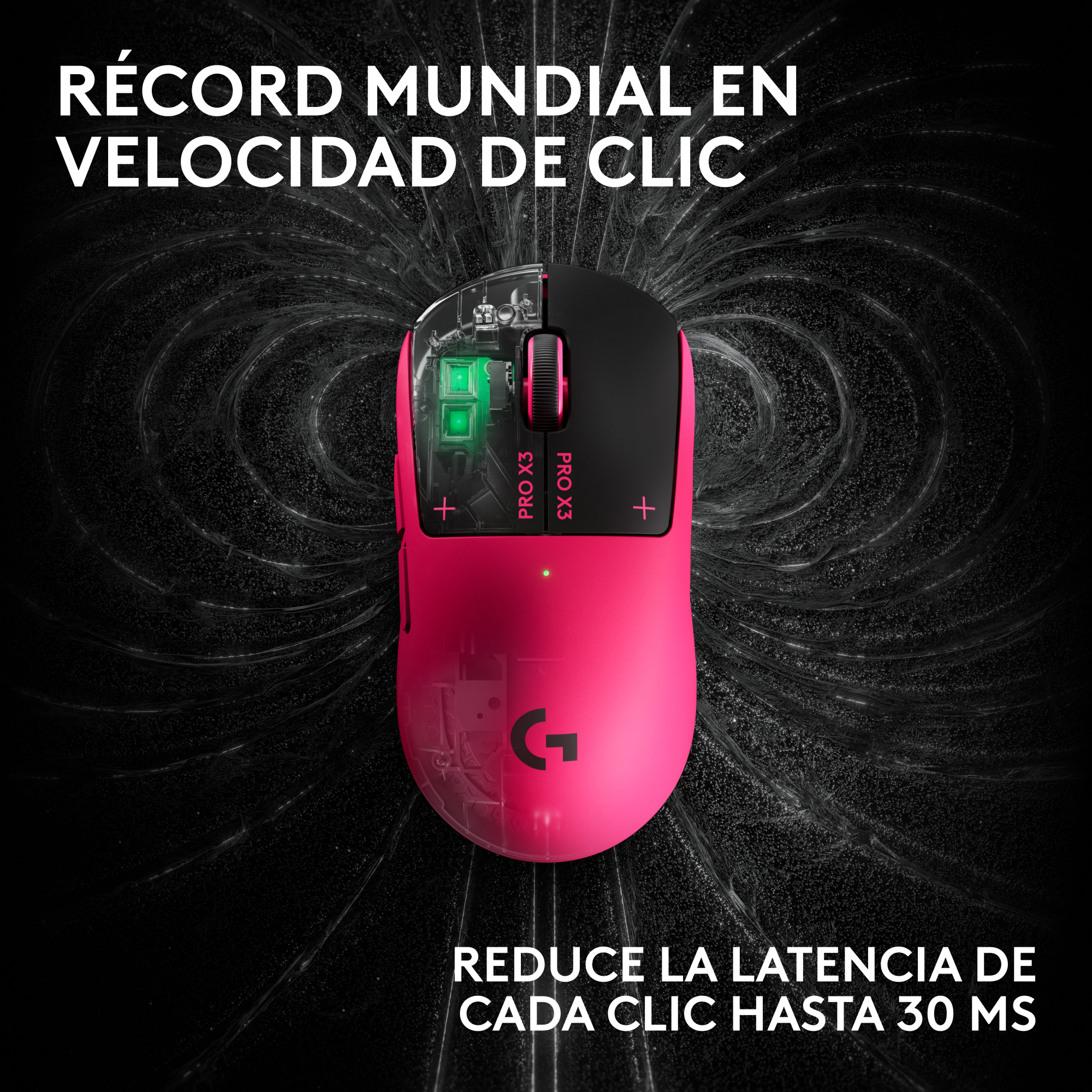 Un ratón de juego rosa sobre fondo negro con texto sobre velocidad de clic.