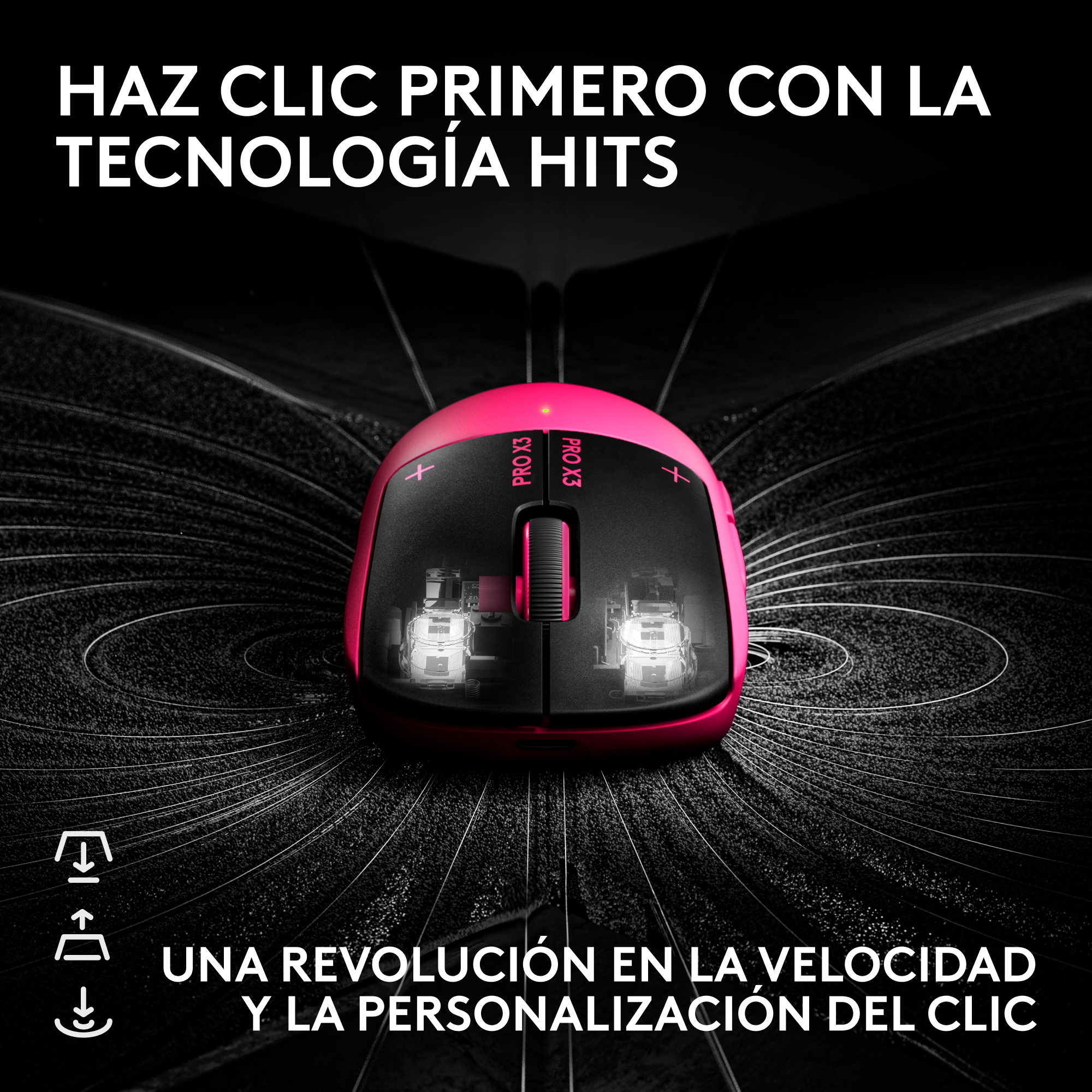 Un ratón de ordenador rosa y negro sobre un fondo texturizado con texto en español.