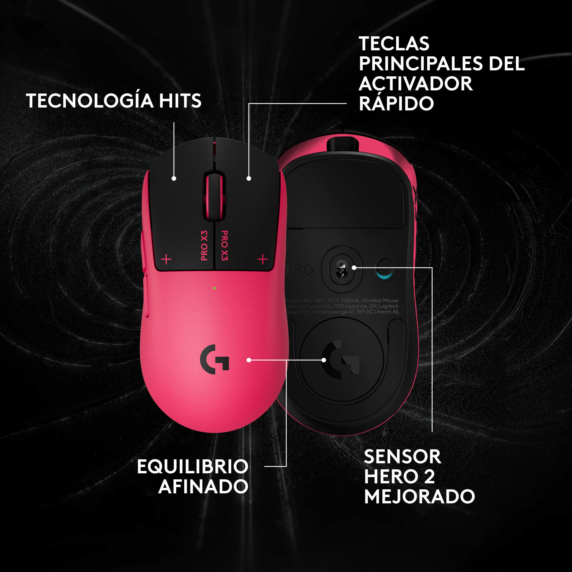 Ratón de juego inalámbrico rosa con etiquetas que destacan sus características técnicas sobre fondo negro.