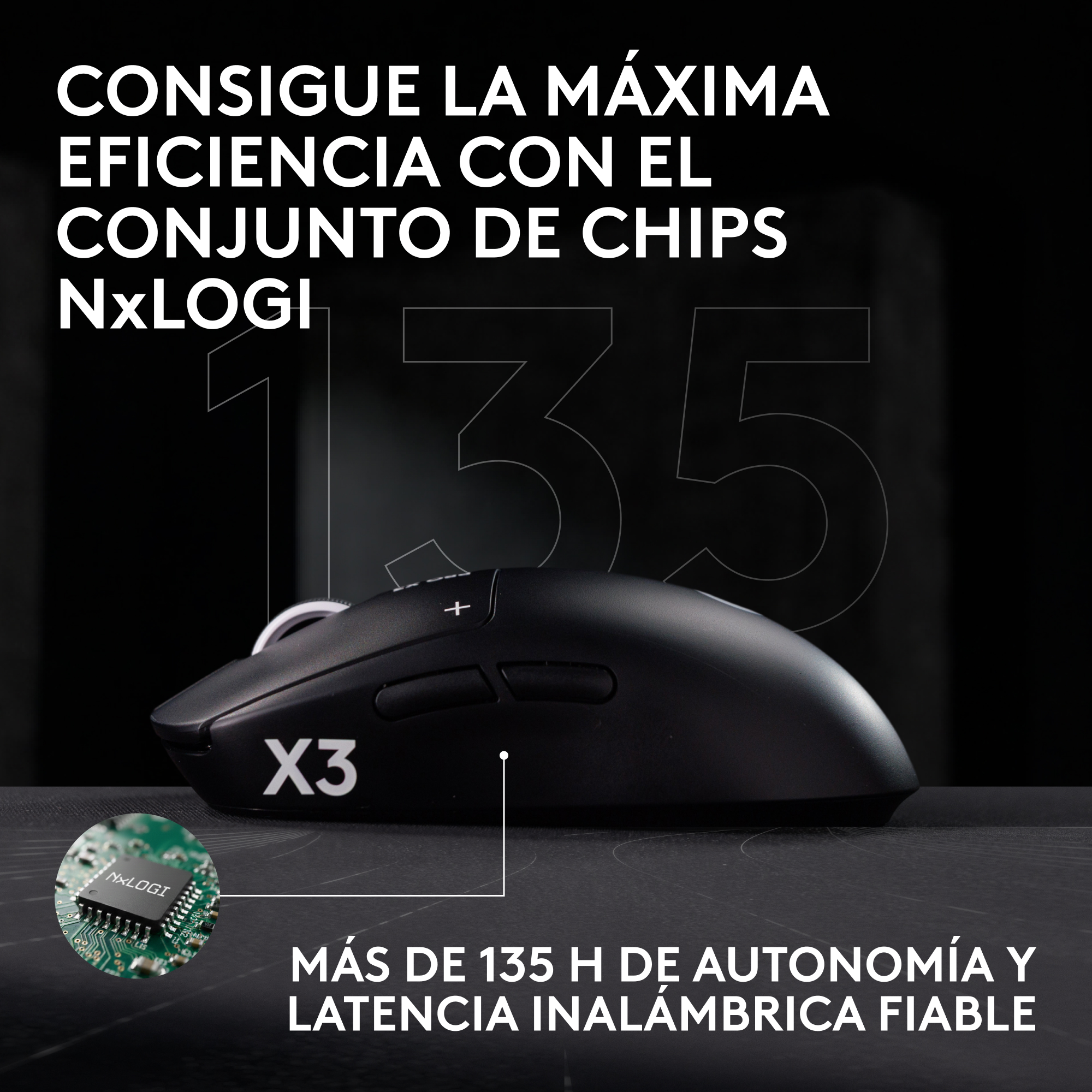 Un ratón inalámbrico negro X3 sobre superficie oscura destacando eficiencia del chip.