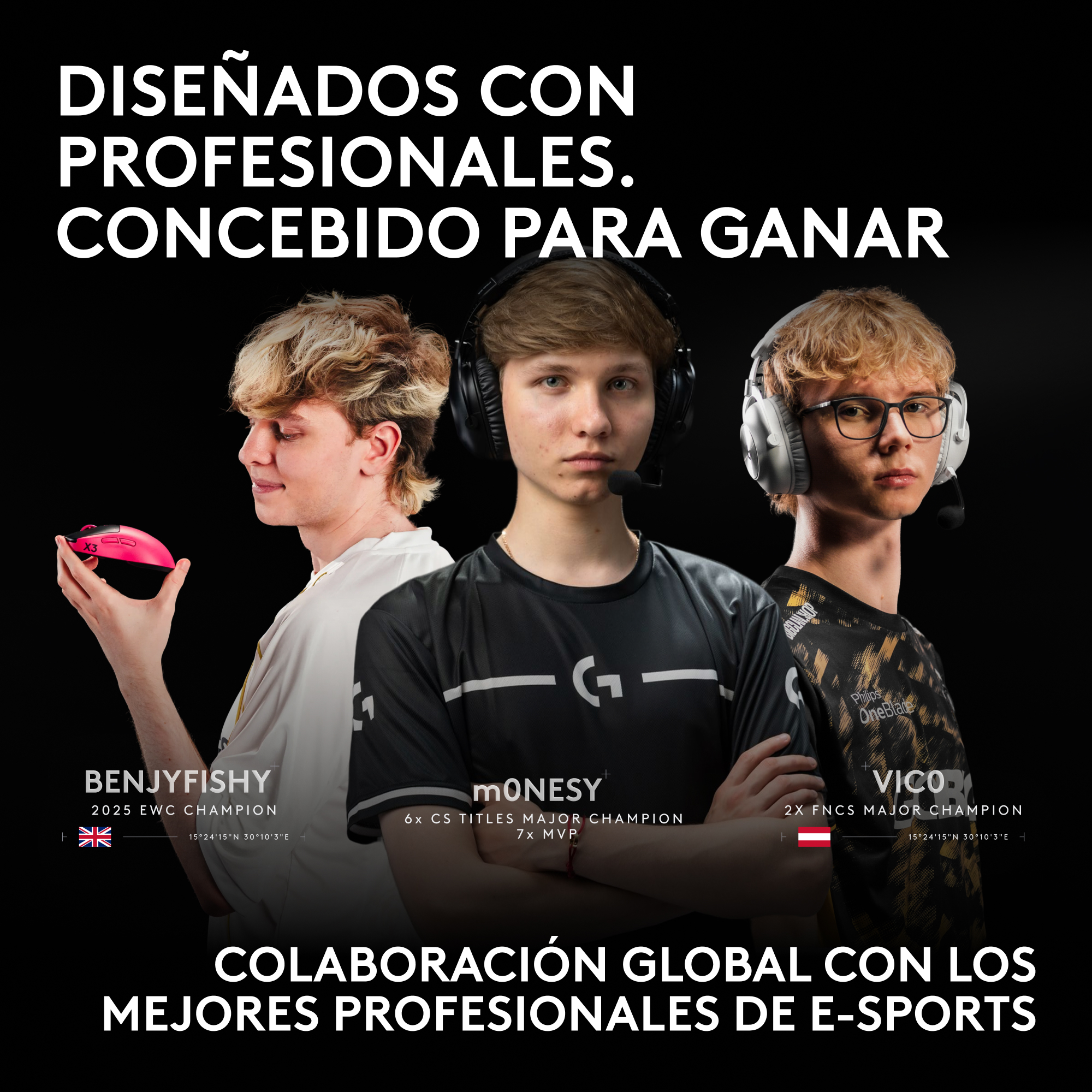 Tres profesionales de e-sports sobre fondo negro con texto y equipamiento gaming.