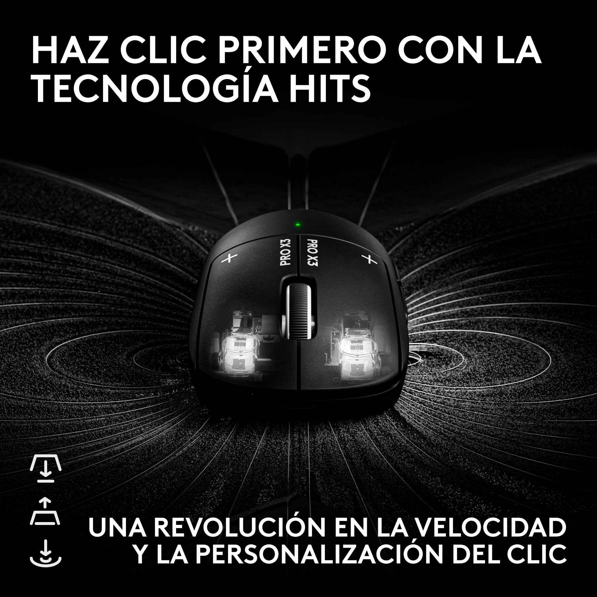 Ratón de ordenador negro con tecnología interna visible sobre un fondo oscuro con patrón de rayos.