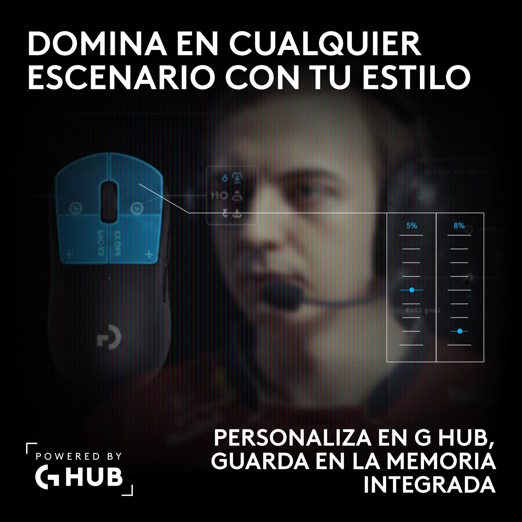 Un ratón gaming de Logitech y la interfaz de software sobre un fondo de gamer.