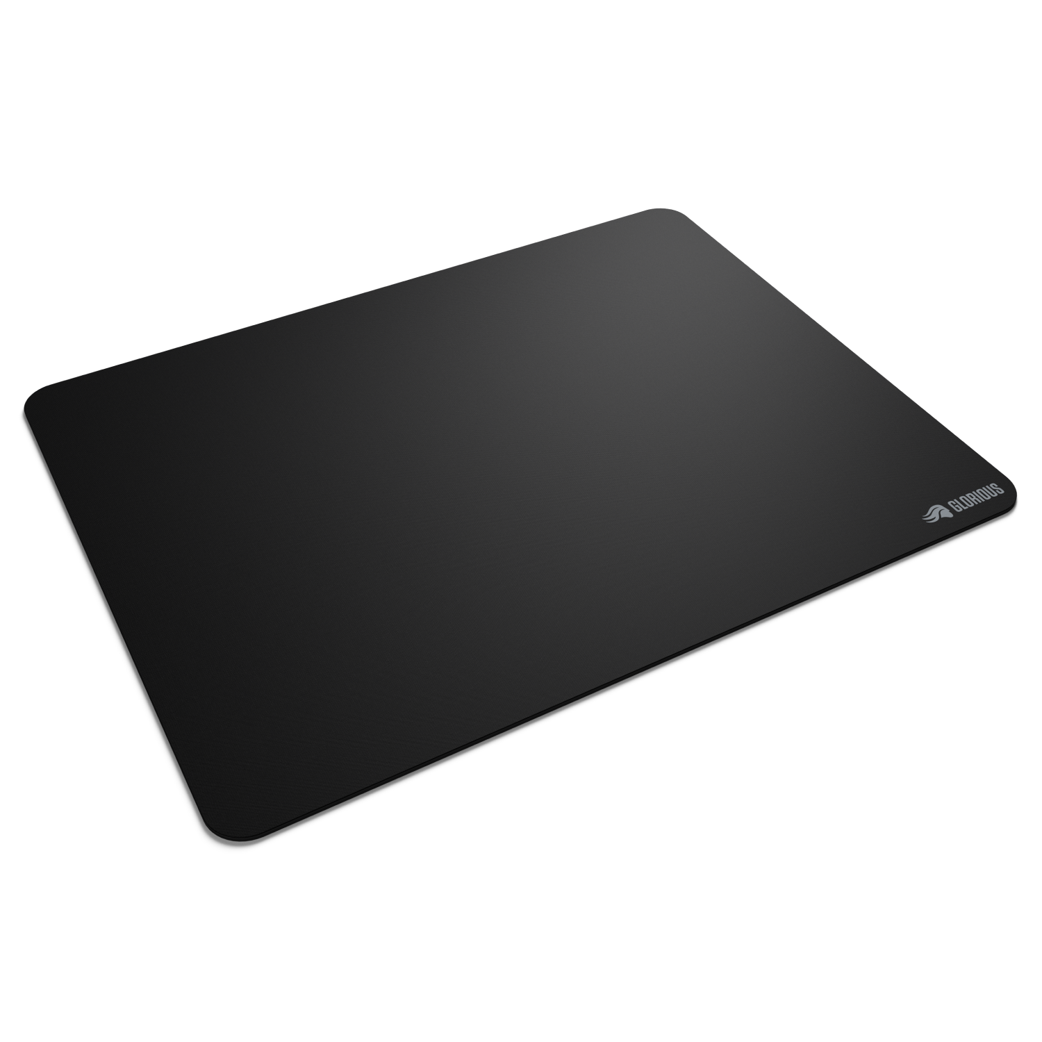 Sağ alt köşesinde beyaz Glorious logosu bulunan ve köşeleri yuvarlatılmış siyah bir oyun mouse pad'i.