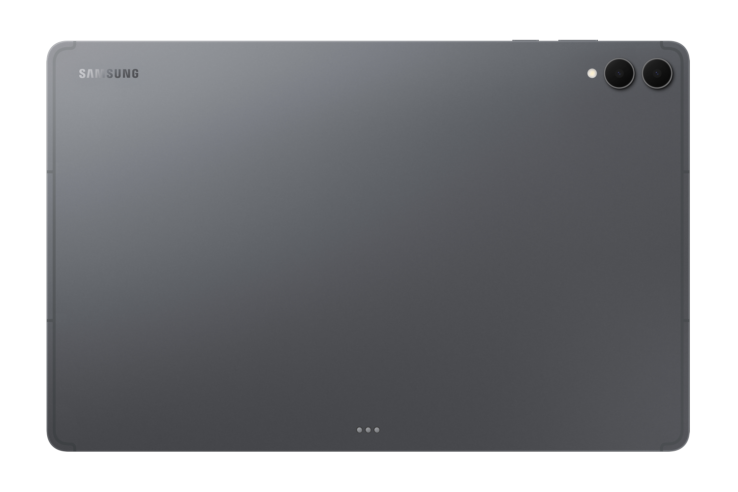 Ciemnoszary tył tabletu Samsung z dwoma aparatami w prawym górnym rogu i logo Samsung po lewej stronie.