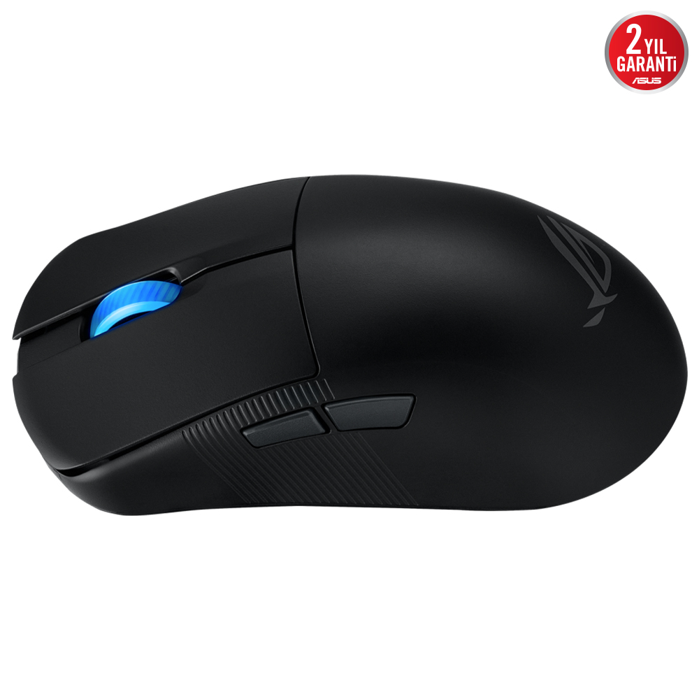 Beyaz arkaplanda mavi kaydırma tekerleği ve yan tuşları olan siyah kablosuz oyuncu mouse'u.