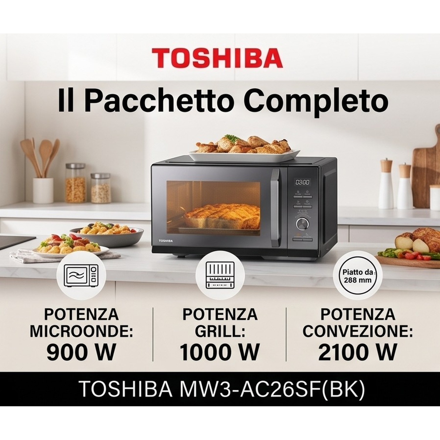 Microonde Toshiba MW3-AC26SF(BK) su un piano cucina con specifiche di potenza.