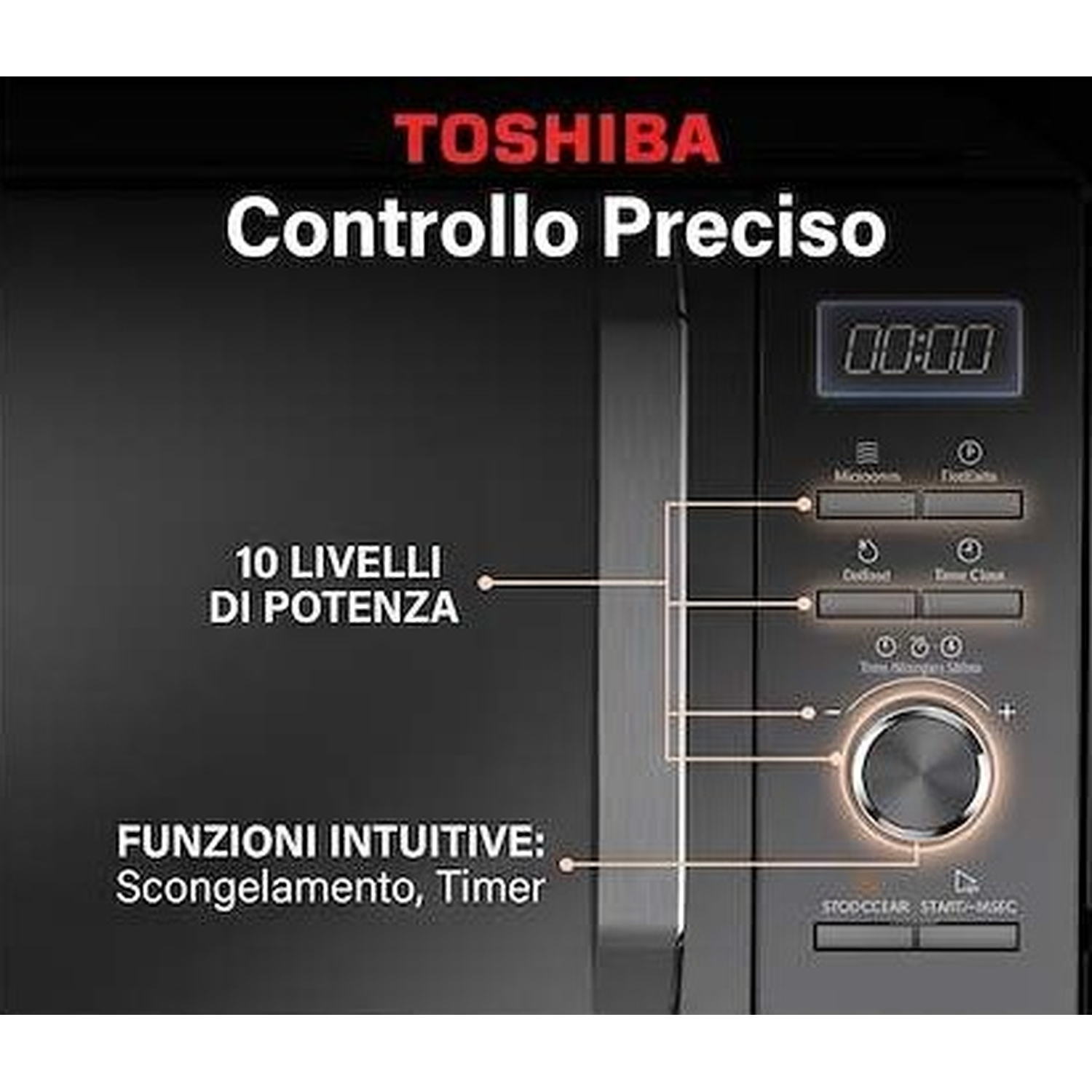Microonde Toshiba con display digitale, pulsanti e manopola di controllo, con testi in italiano.