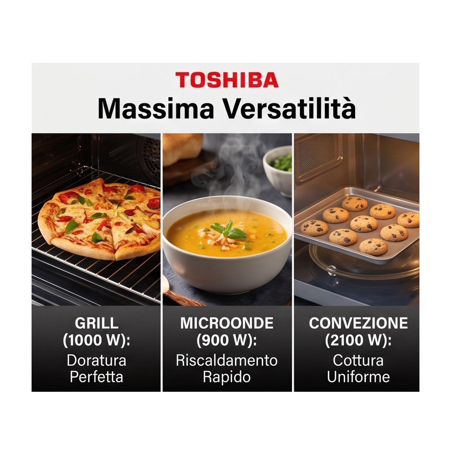 Pubblicità Toshiba con tre modalità di cottura: pizza al grill, zuppa e biscotti.