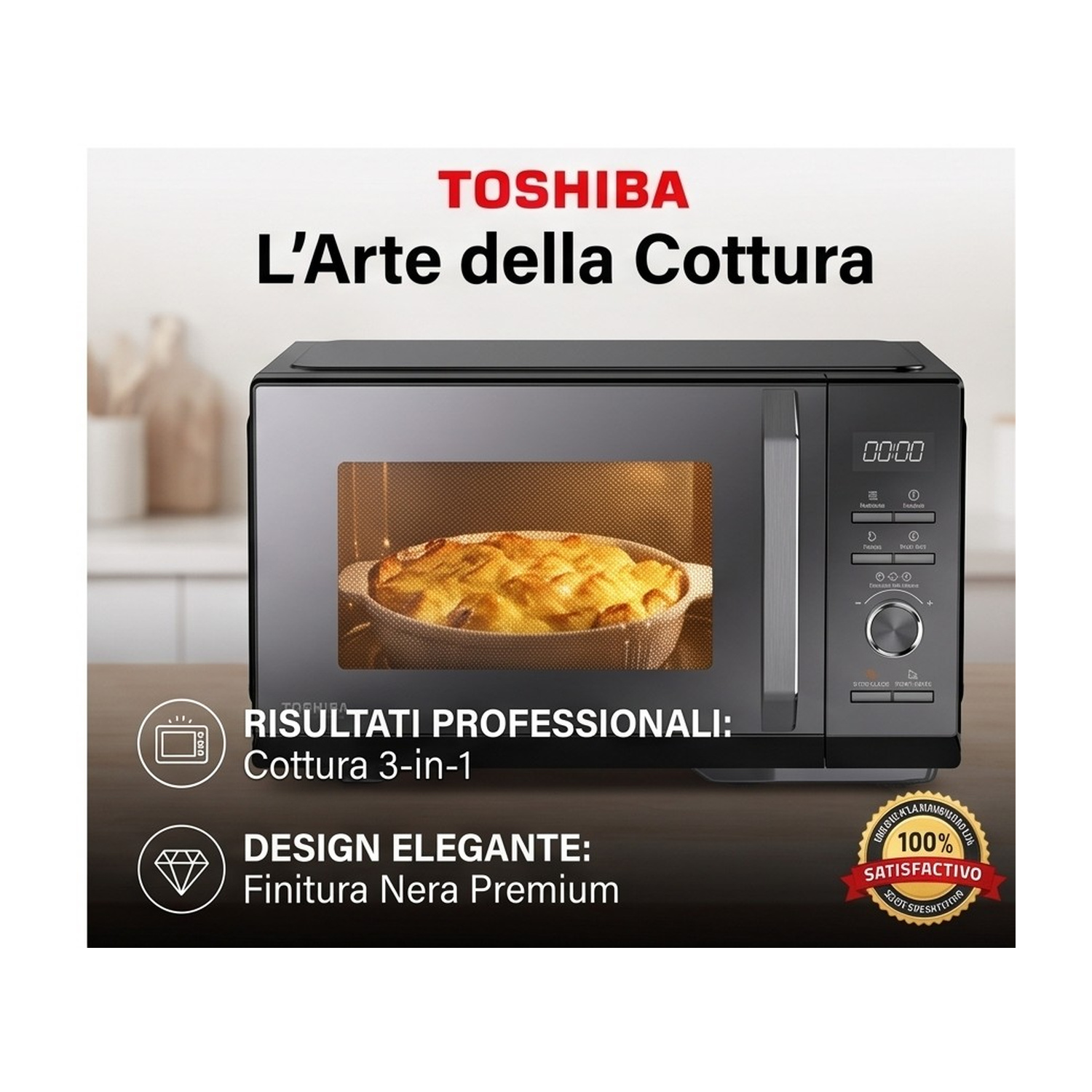 Microonde nero Toshiba su tavolo in legno con piatto al forno dentro.