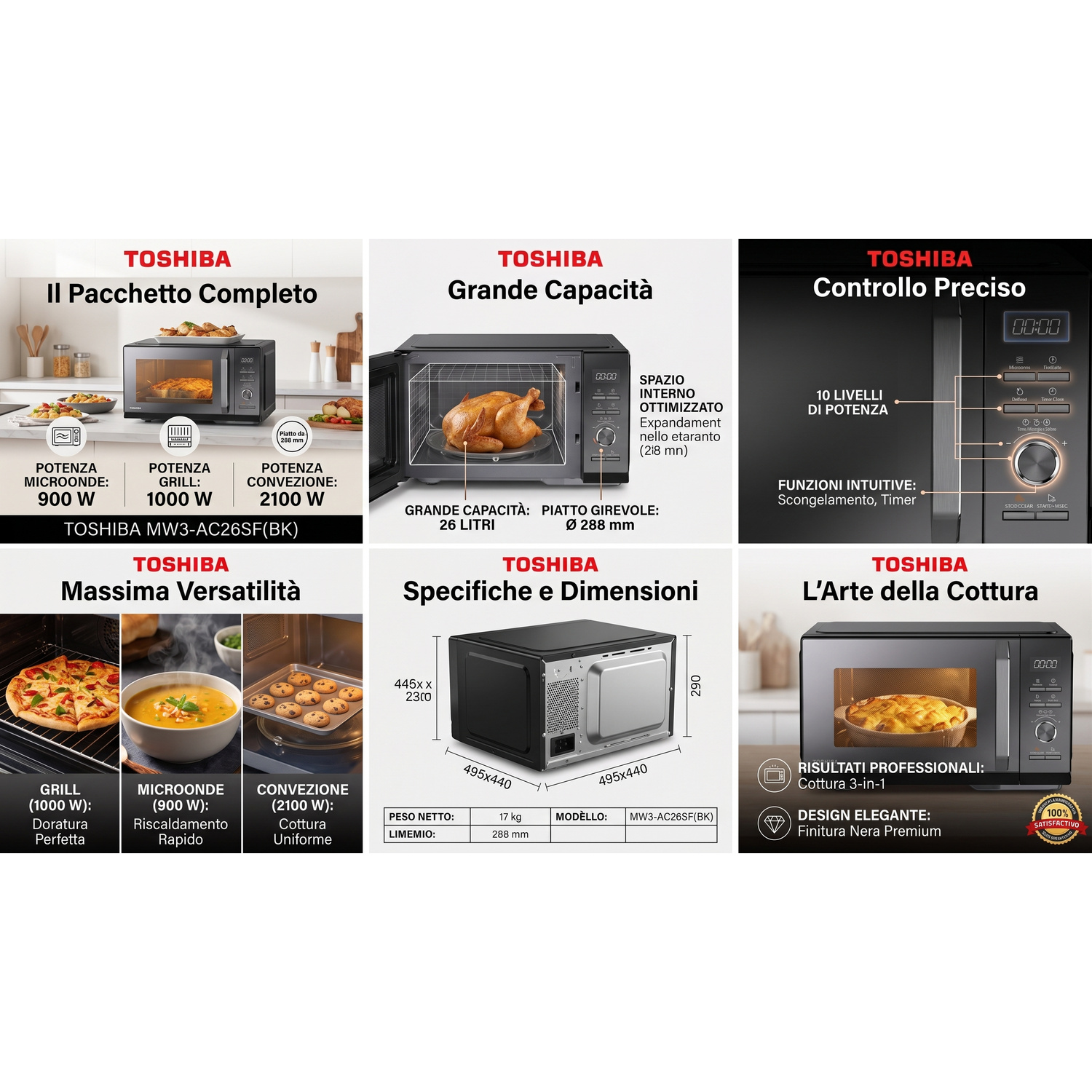Griglia promozionale con caratteristiche e specifiche di un forno a microonde Toshiba con testo e immagini.