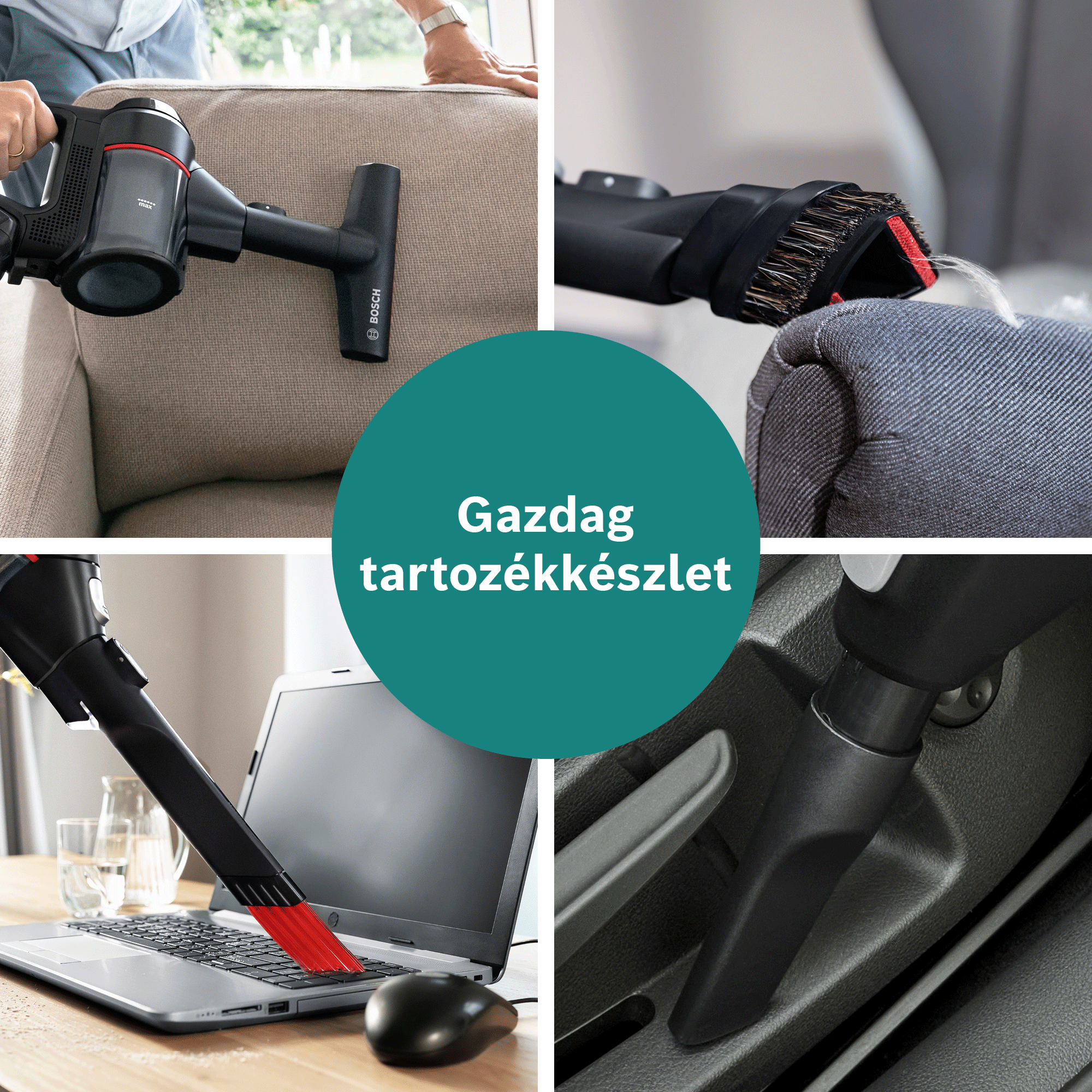 Négy kép mutat egy fekete porszívót különböző tartozékokkal bútorok, textilek, laptop és autó tisztítására.