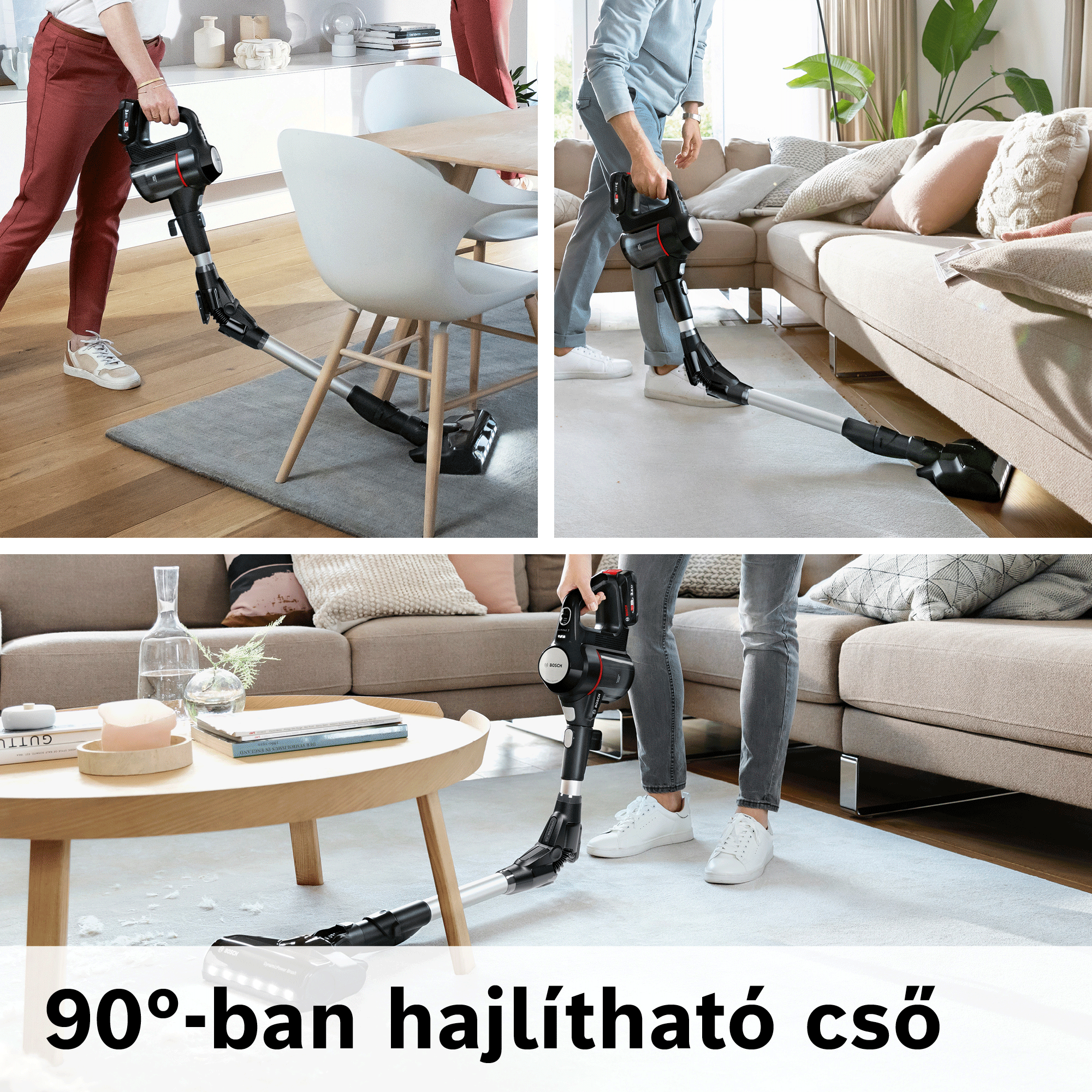 Emberek hajlítható csövű akkumulátoros porszívót használnak bútorok alatti takarításhoz.