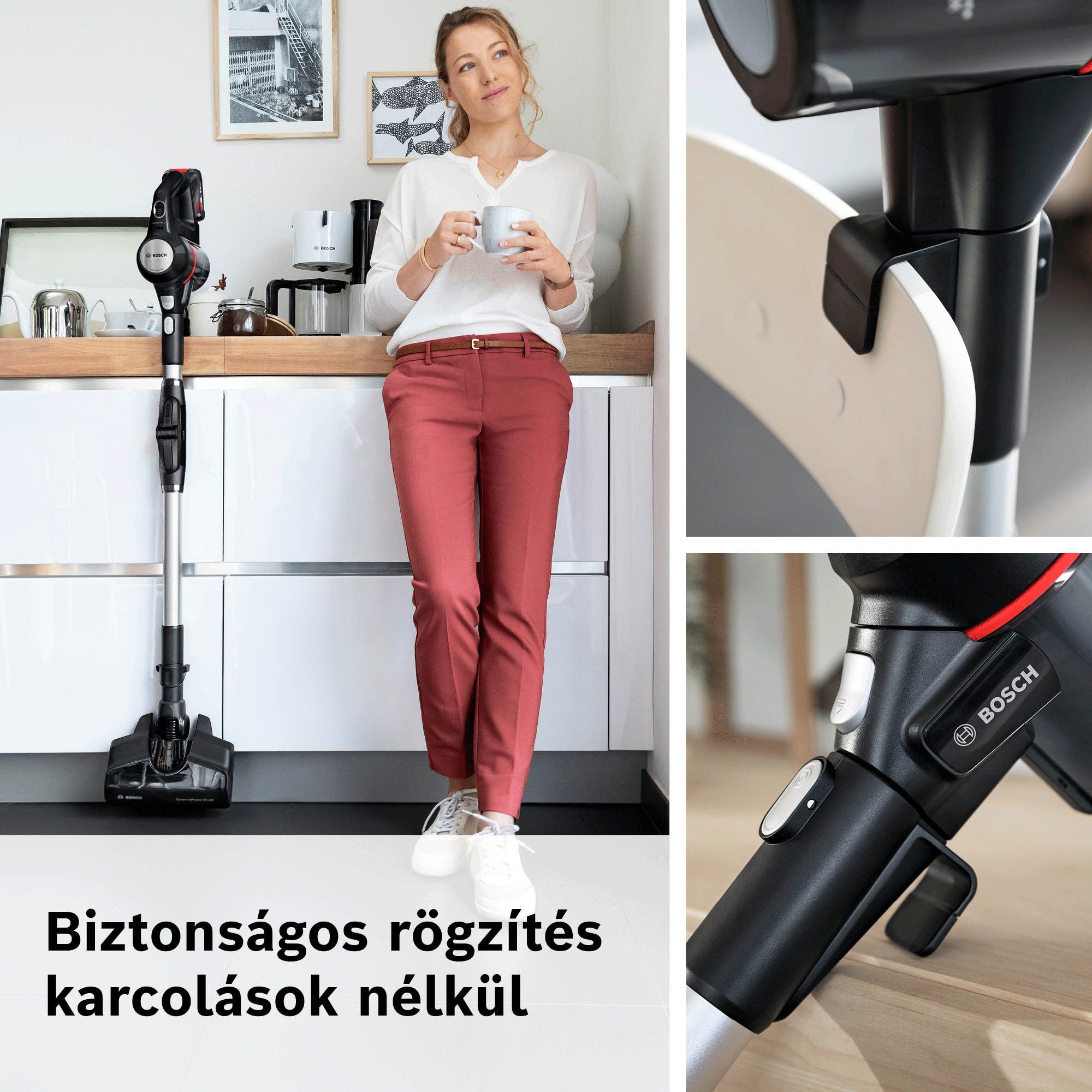 Egy nőkonyhában csészét tart, mellette Bosch porszívó a rögzítési részletekkel.