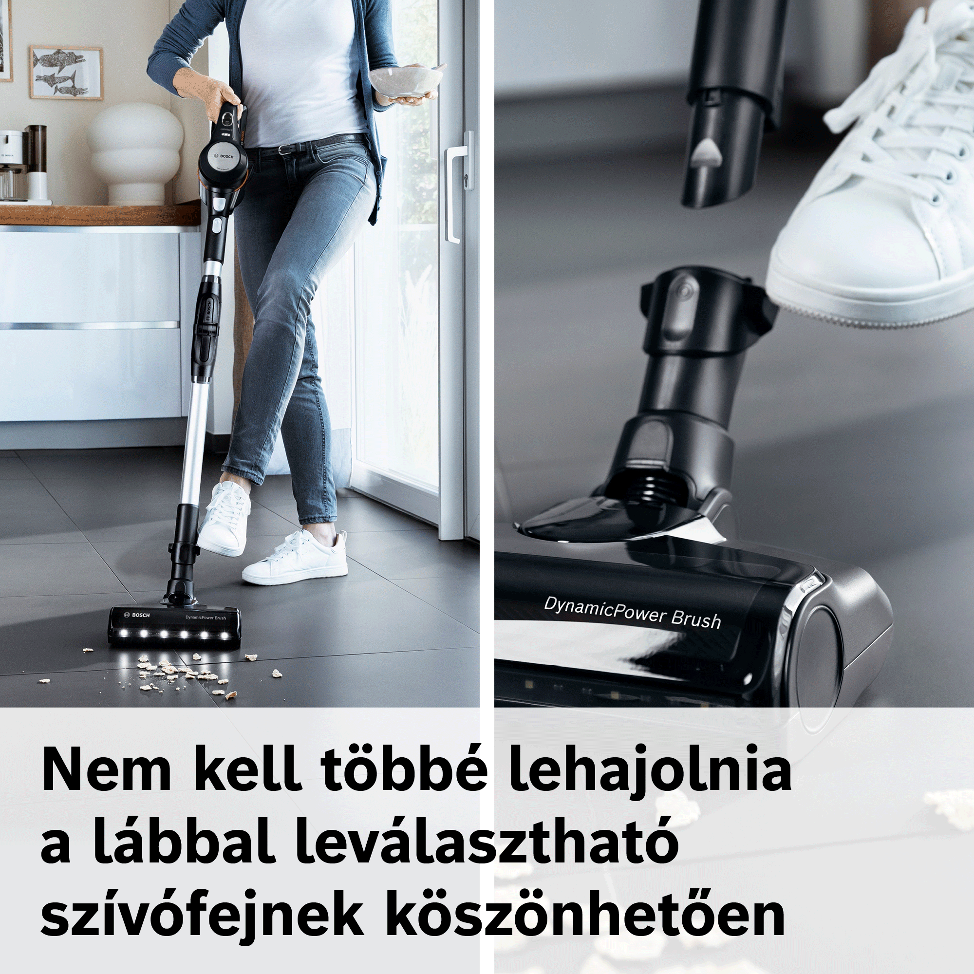 Egy személy vezetéknélküli porszívót használ, a lábbal leválasztható szívófej közeli képével.