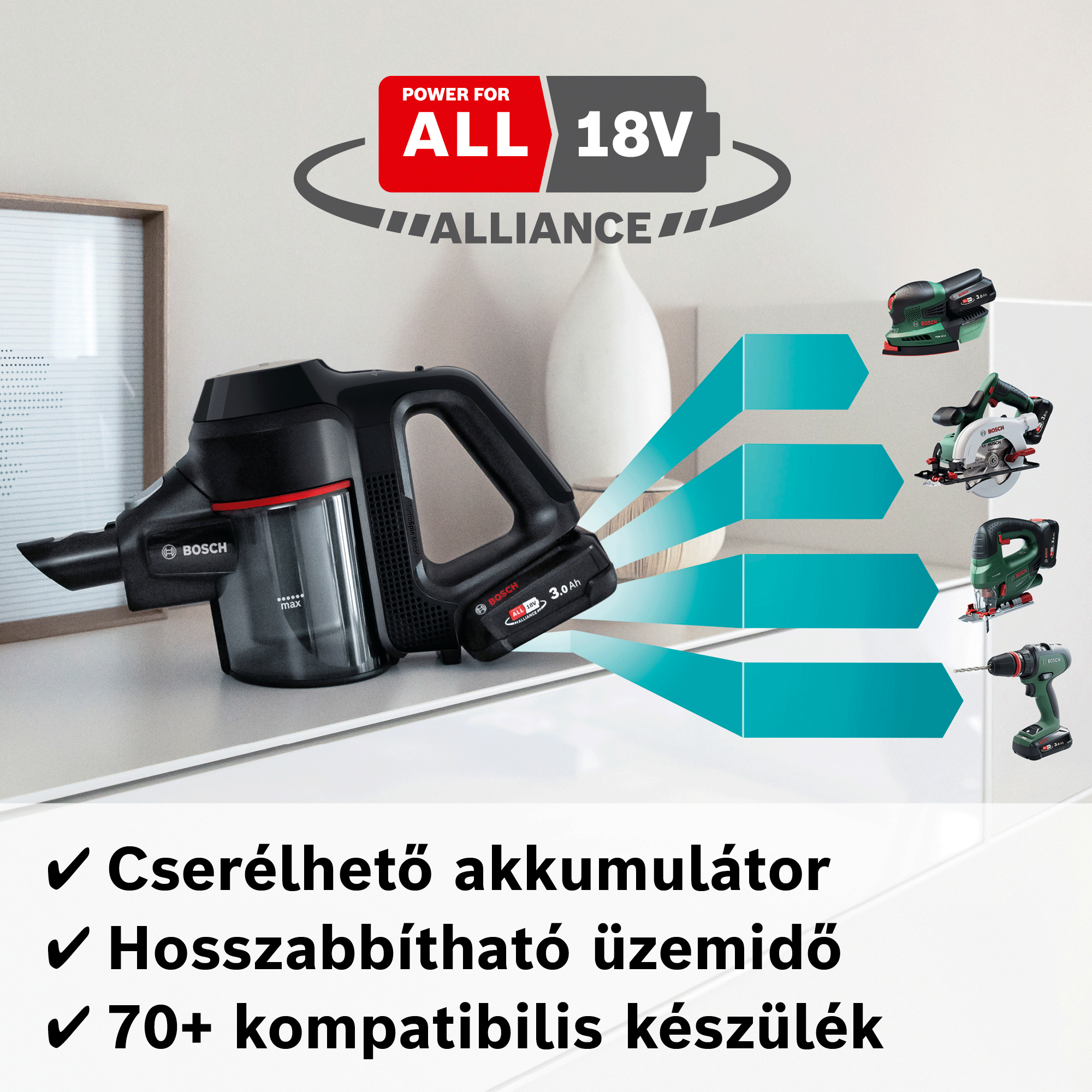 Bosch akkumulátoros porszívó 18V-os akkuval és kompatibilis szerszámokkal.