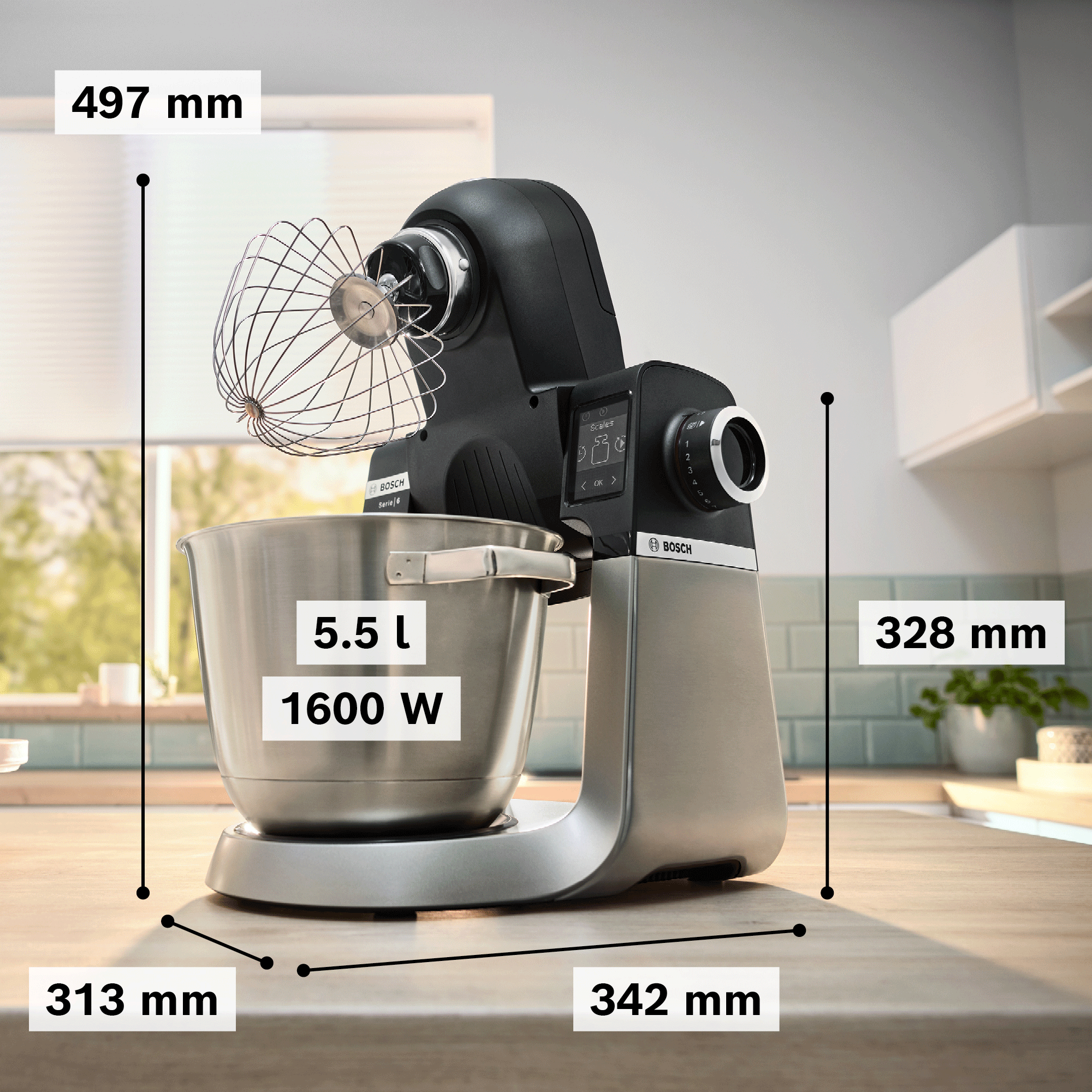 Fekete konyhai gép rozsdamentes acél tállal (5,5 l, 1600 W) és méretekkel egy konyhában.